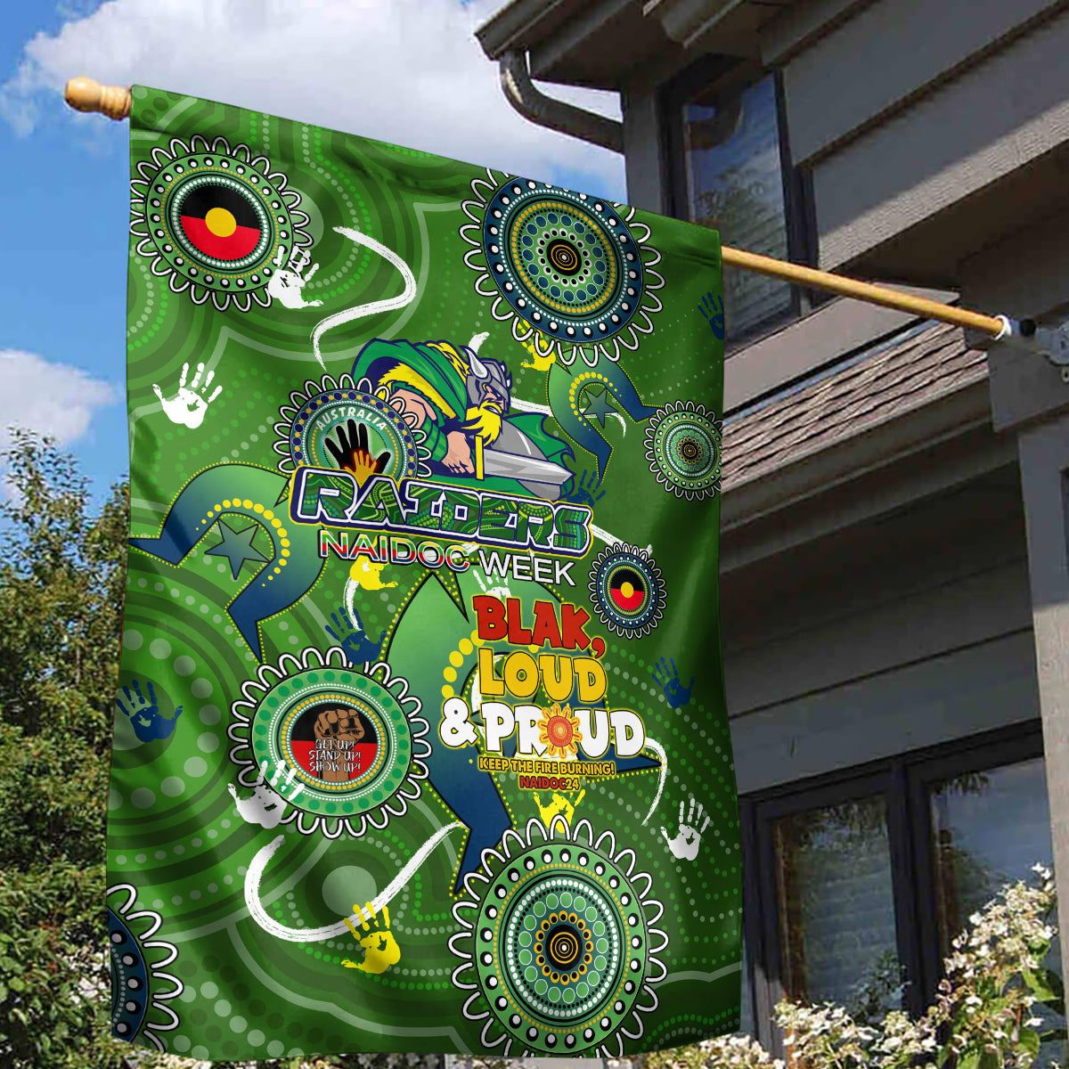 Personalised NAIDOC Week 2024 Raiders Garden Flag Australia Fire Burning - Vibe Hoodie Shop