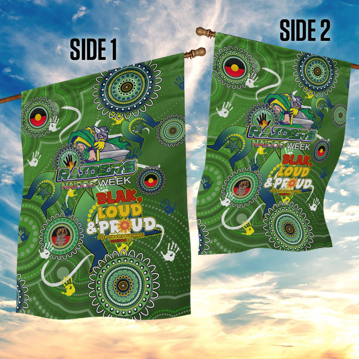 Personalised NAIDOC Week 2024 Raiders Garden Flag Australia Fire Burning - Vibe Hoodie Shop