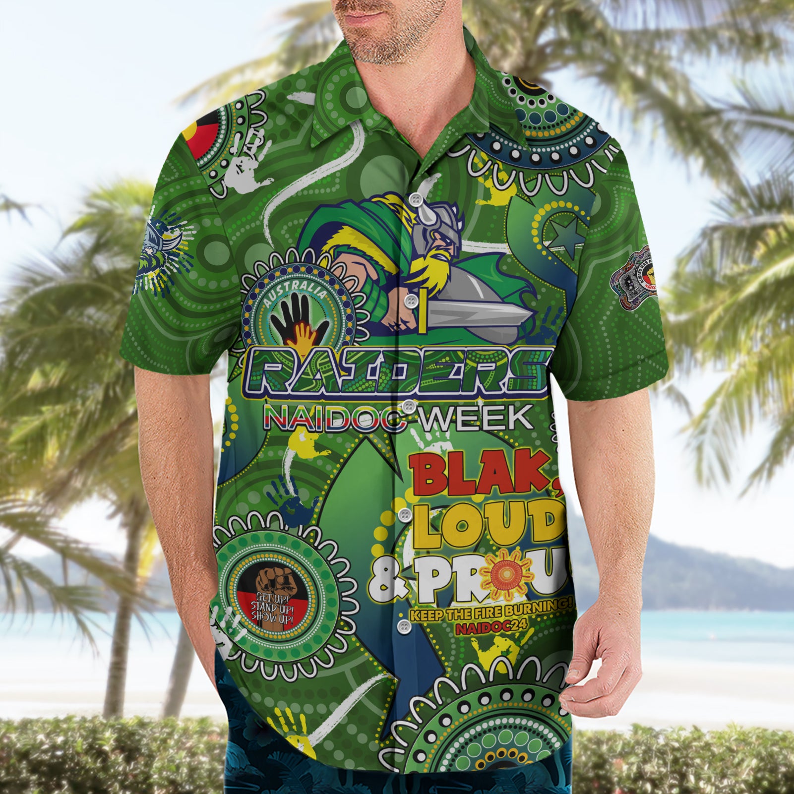 Personalised NAIDOC Week 2024 Raiders Hawaiian Shirt Australia Fire Burning - Vibe Hoodie Shop