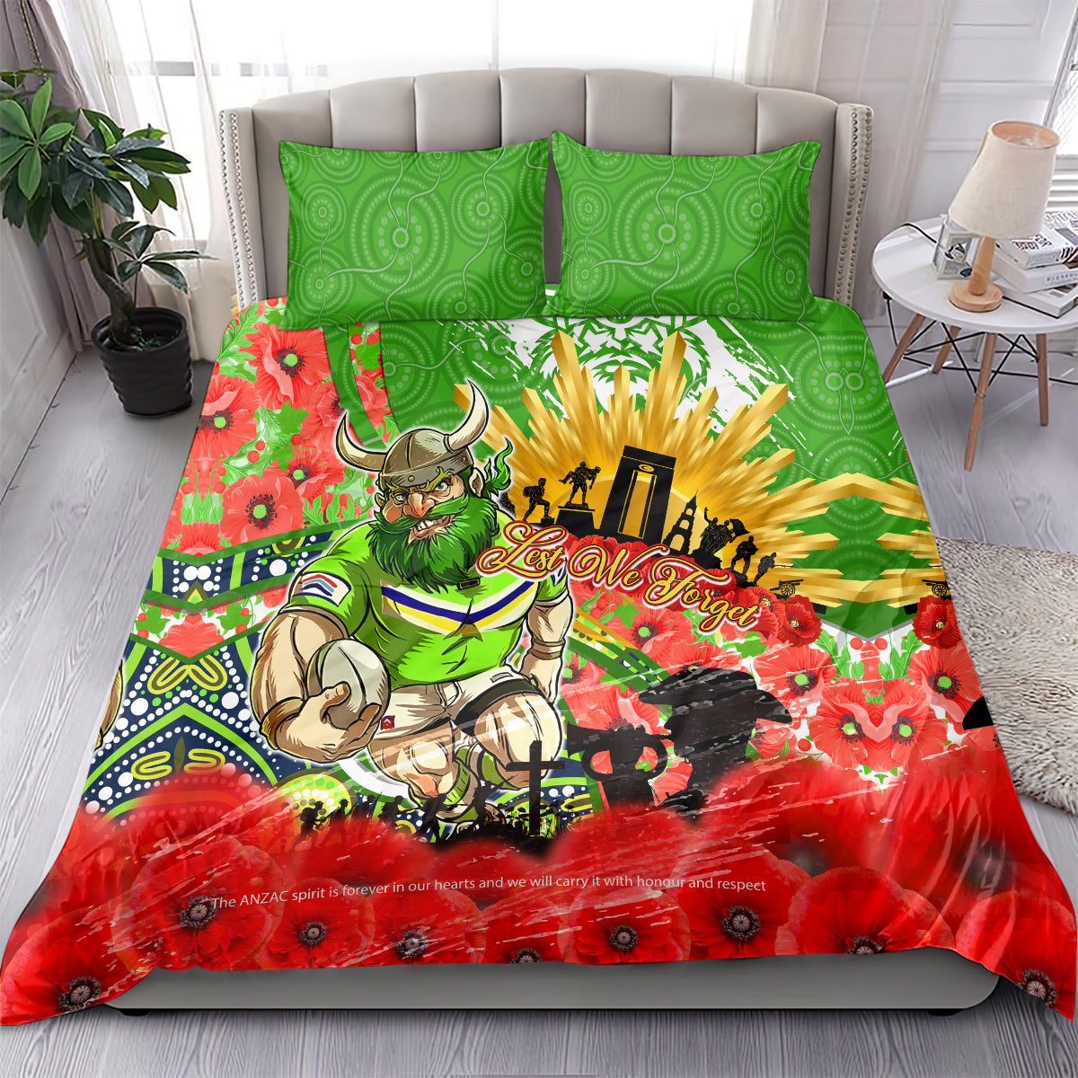 Personalised Mascot Raiders ANZAC Bedding Set Lest We Forget - Vibe Hoodie Shop