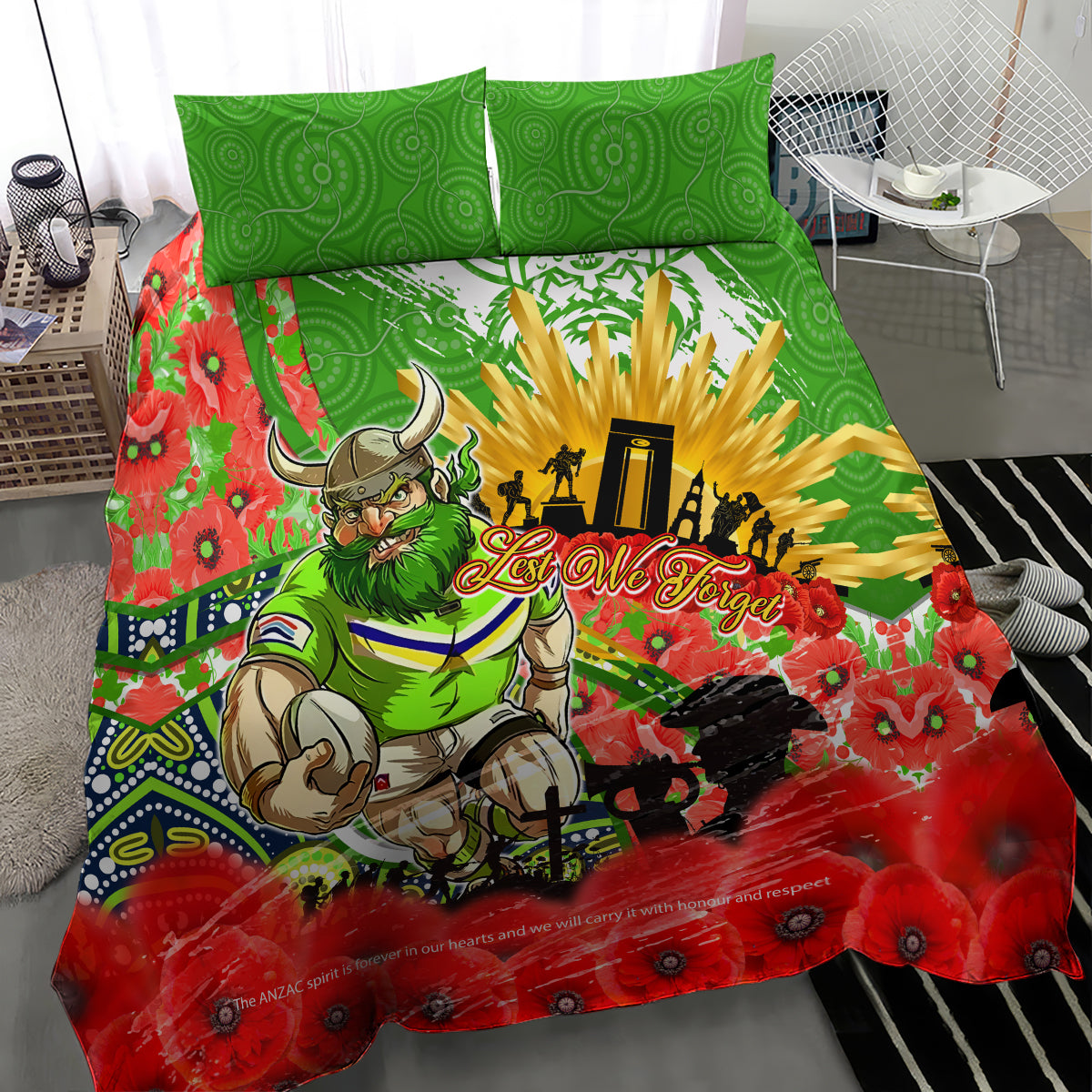 Personalised Mascot Raiders ANZAC Bedding Set Lest We Forget - Vibe Hoodie Shop