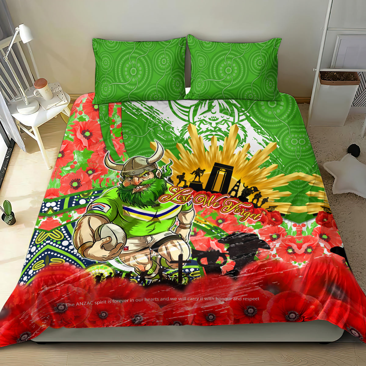Personalised Mascot Raiders ANZAC Bedding Set Lest We Forget - Vibe Hoodie Shop