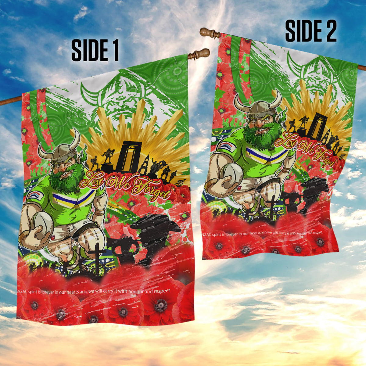 Personalised Mascot Raiders ANZAC Garden Flag Lest We Forget - Vibe Hoodie Shop