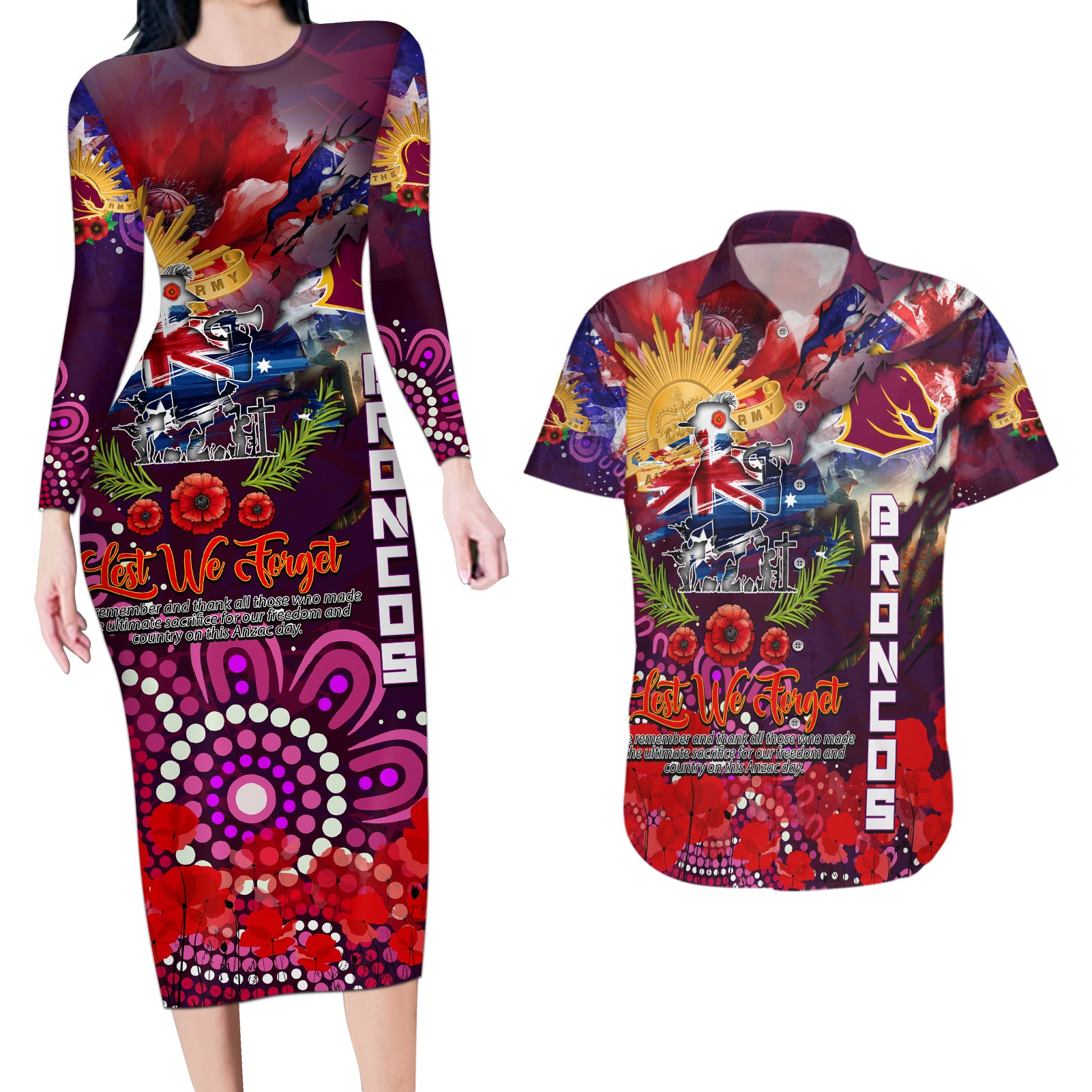 Personalised Australia Rugby Broncos ANZAC Couples Matching Long Sleeve Bodycon Dress and Hawaiian Shirt Brisbane Scratch Style