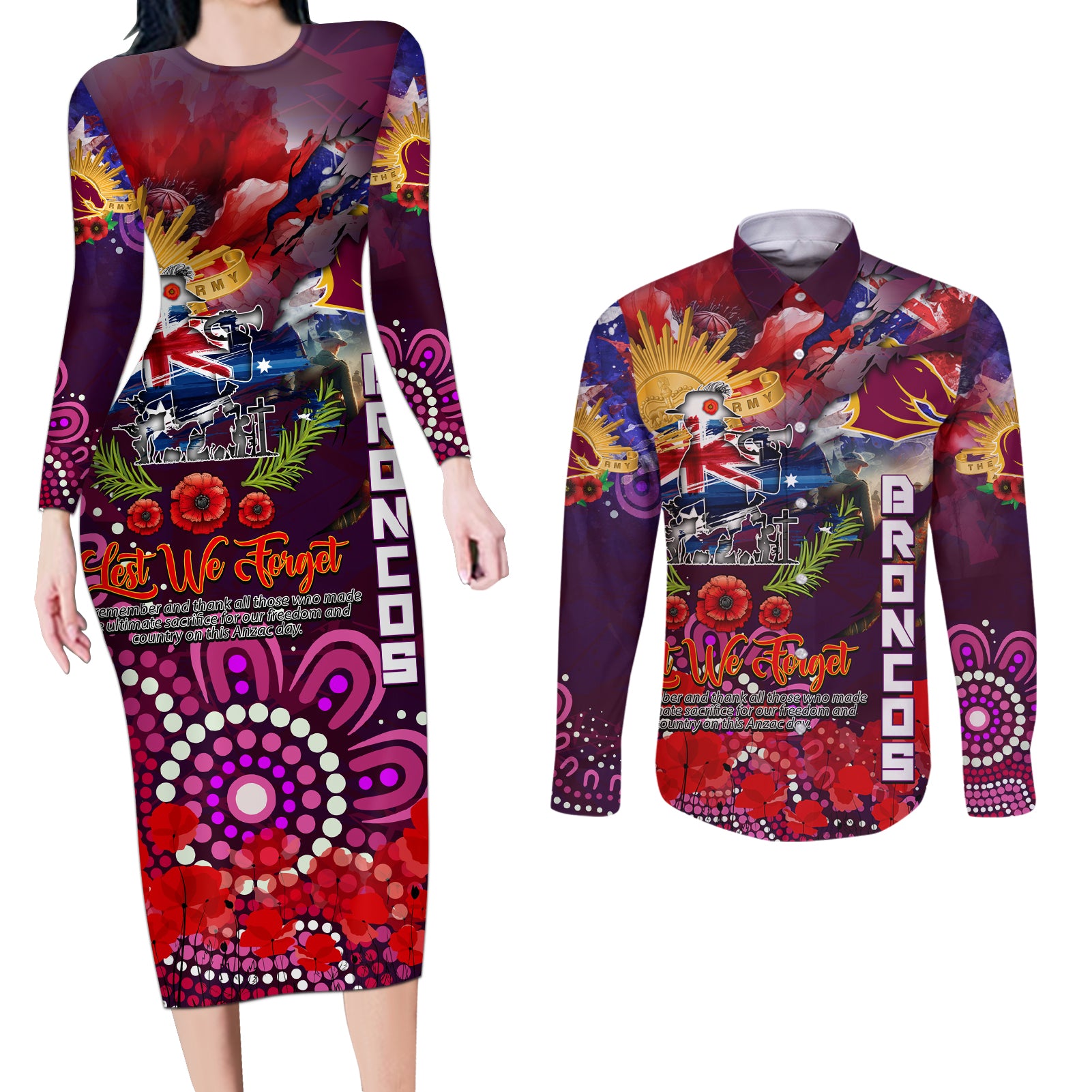 Personalised Australia Rugby Broncos ANZAC Couples Matching Long Sleeve Bodycon Dress and Long Sleeve Button Shirt Brisbane Scratch Style
