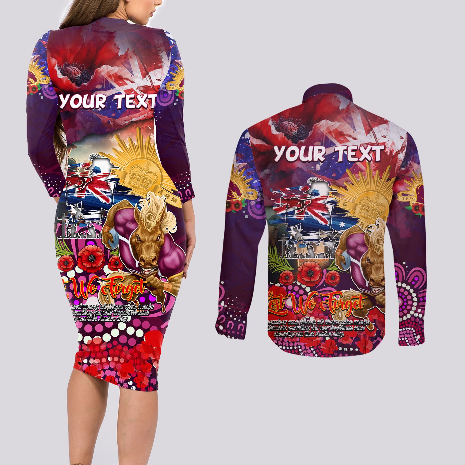 Personalised Australia Rugby Broncos ANZAC Couples Matching Long Sleeve Bodycon Dress and Long Sleeve Button Shirt Brisbane Scratch Style