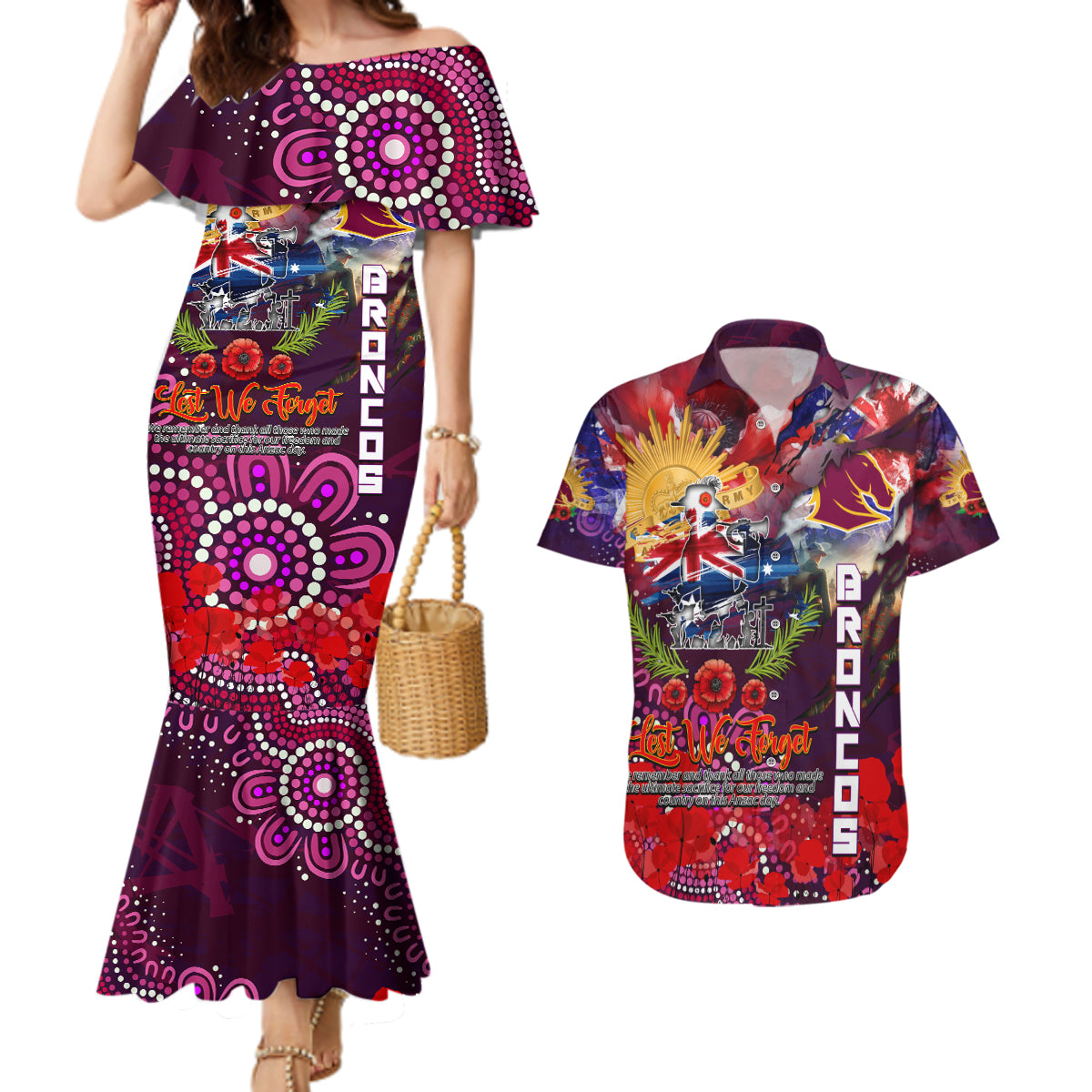 Personalised Australia Rugby Broncos ANZAC Couples Matching Mermaid Dress and Hawaiian Shirt Brisbane Scratch Style