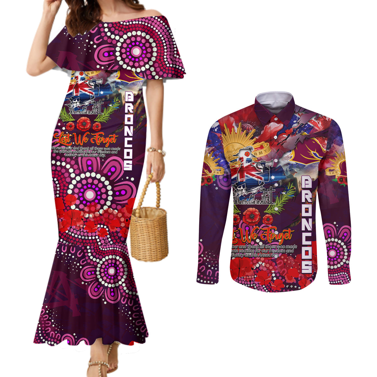 Personalised Australia Rugby Broncos ANZAC Couples Matching Mermaid Dress and Long Sleeve Button Shirt Brisbane Scratch Style
