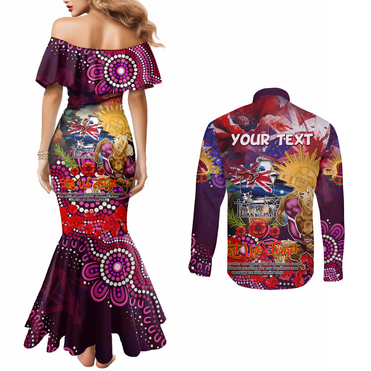 Personalised Australia Rugby Broncos ANZAC Couples Matching Mermaid Dress and Long Sleeve Button Shirt Brisbane Scratch Style