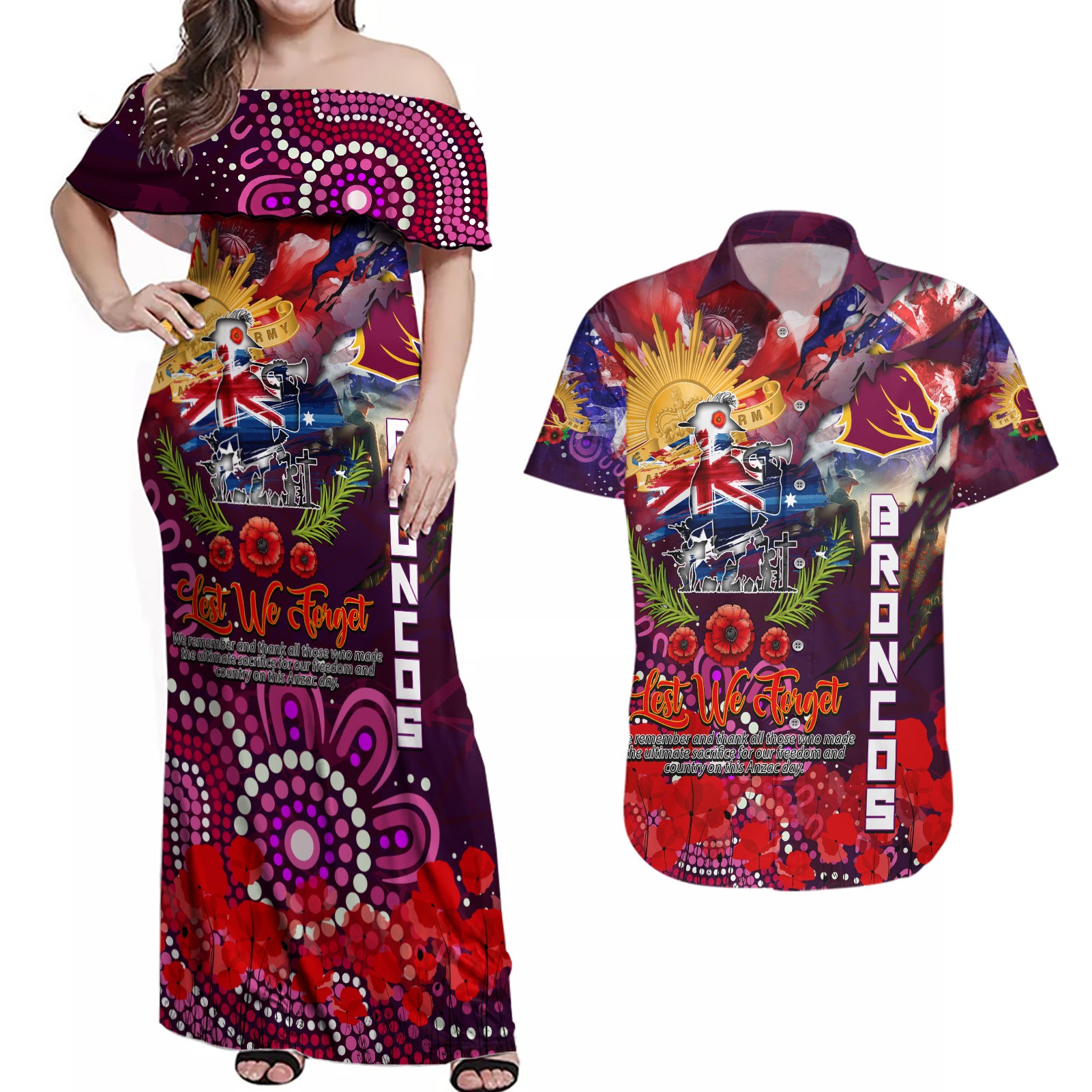 Personalised Australia Rugby Broncos ANZAC Couples Matching Off Shoulder Maxi Dress and Hawaiian Shirt Brisbane Scratch Style