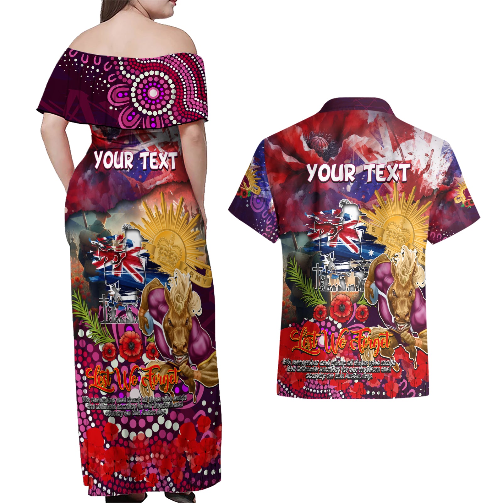 Personalised Australia Rugby Broncos ANZAC Couples Matching Off Shoulder Maxi Dress and Hawaiian Shirt Brisbane Scratch Style