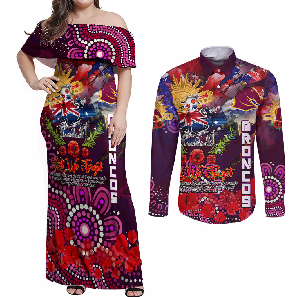 Personalised Australia Rugby Broncos ANZAC Couples Matching Off Shoulder Maxi Dress and Long Sleeve Button Shirt Brisbane Scratch Style