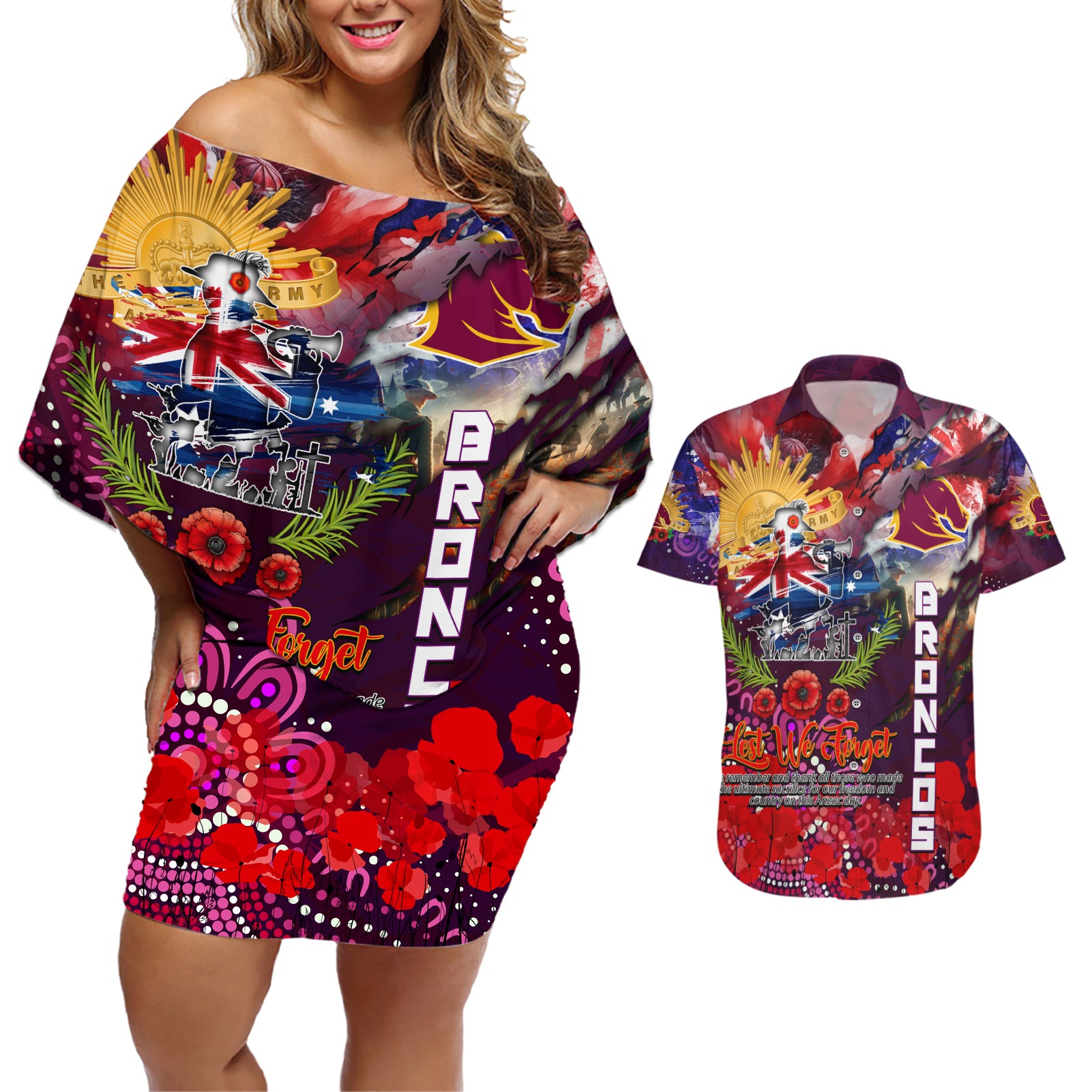 Personalised Australia Rugby Broncos ANZAC Couples Matching Off Shoulder Short Dress and Hawaiian Shirt Brisbane Scratch Style