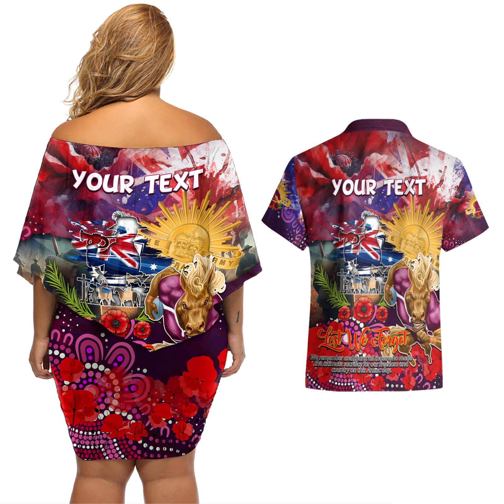 Personalised Australia Rugby Broncos ANZAC Couples Matching Off Shoulder Short Dress and Hawaiian Shirt Brisbane Scratch Style