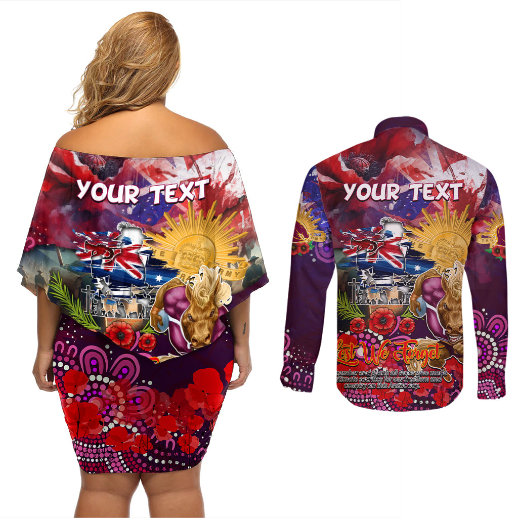 Personalised Australia Rugby Broncos ANZAC Couples Matching Off Shoulder Short Dress and Long Sleeve Button Shirt Brisbane Scratch Style
