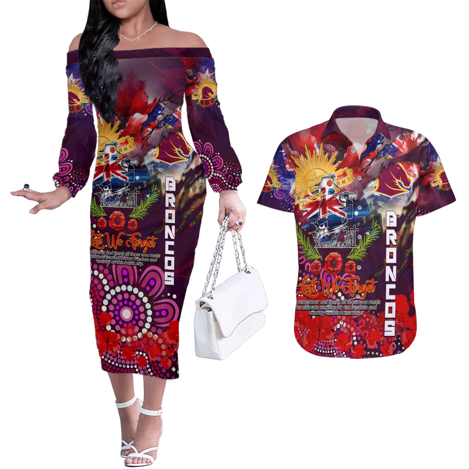Personalised Australia Rugby Broncos ANZAC Couples Matching Off The Shoulder Long Sleeve Dress and Hawaiian Shirt Brisbane Scratch Style