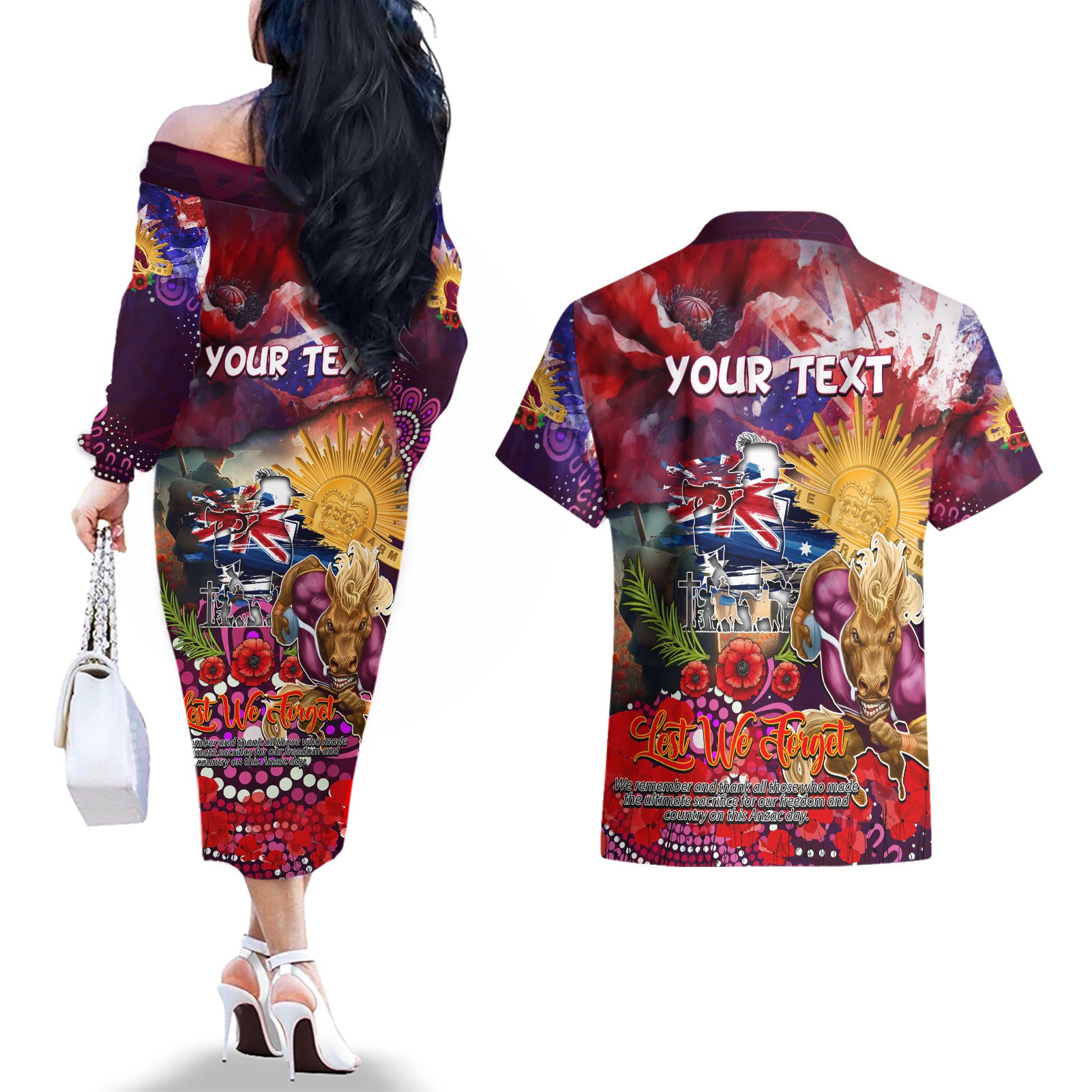 Personalised Australia Rugby Broncos ANZAC Couples Matching Off The Shoulder Long Sleeve Dress and Hawaiian Shirt Brisbane Scratch Style