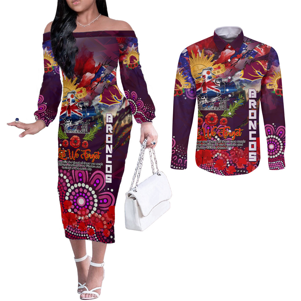 Personalised Australia Rugby Broncos ANZAC Couples Matching Off The Shoulder Long Sleeve Dress and Long Sleeve Button Shirt Brisbane Scratch Style