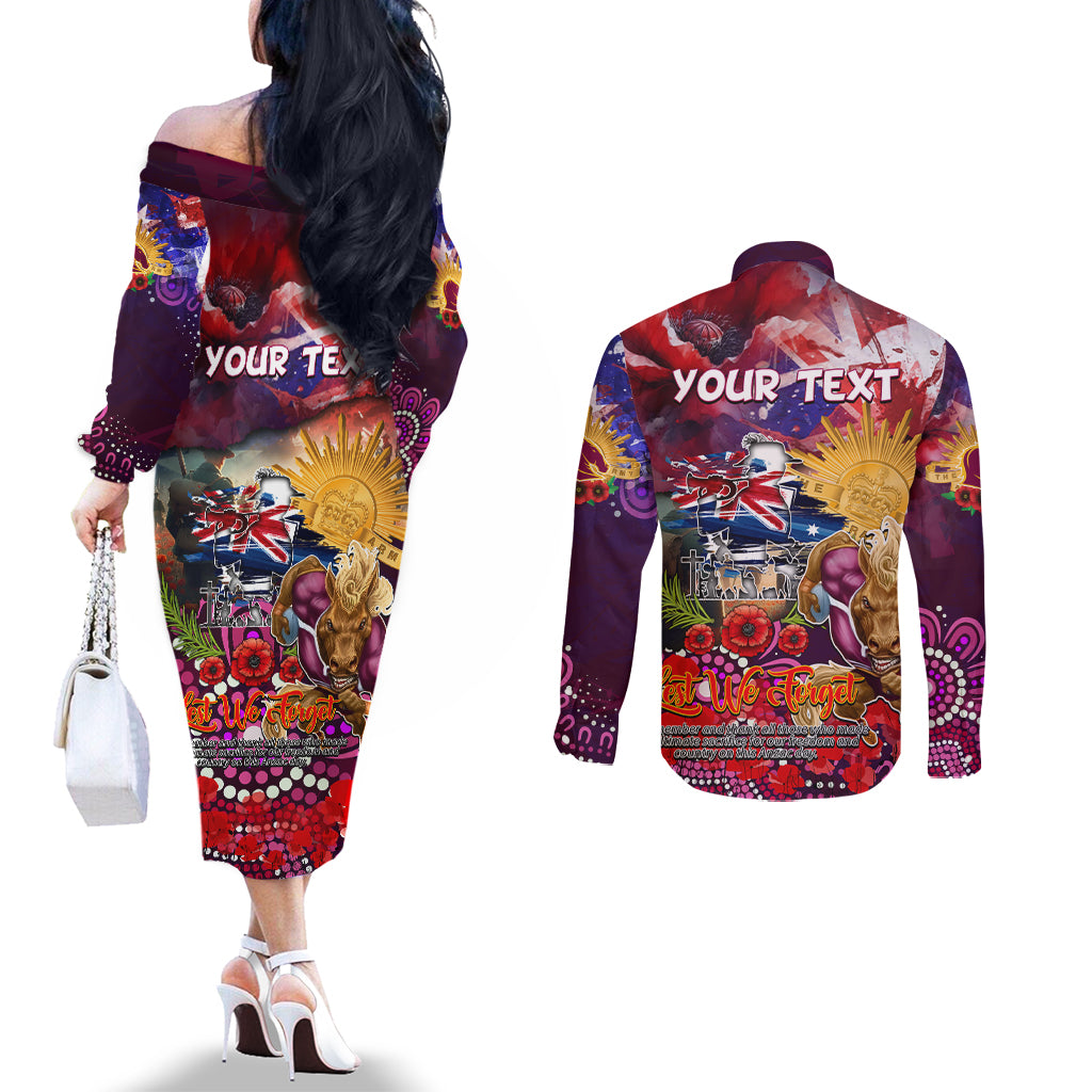 Personalised Australia Rugby Broncos ANZAC Couples Matching Off The Shoulder Long Sleeve Dress and Long Sleeve Button Shirt Brisbane Scratch Style