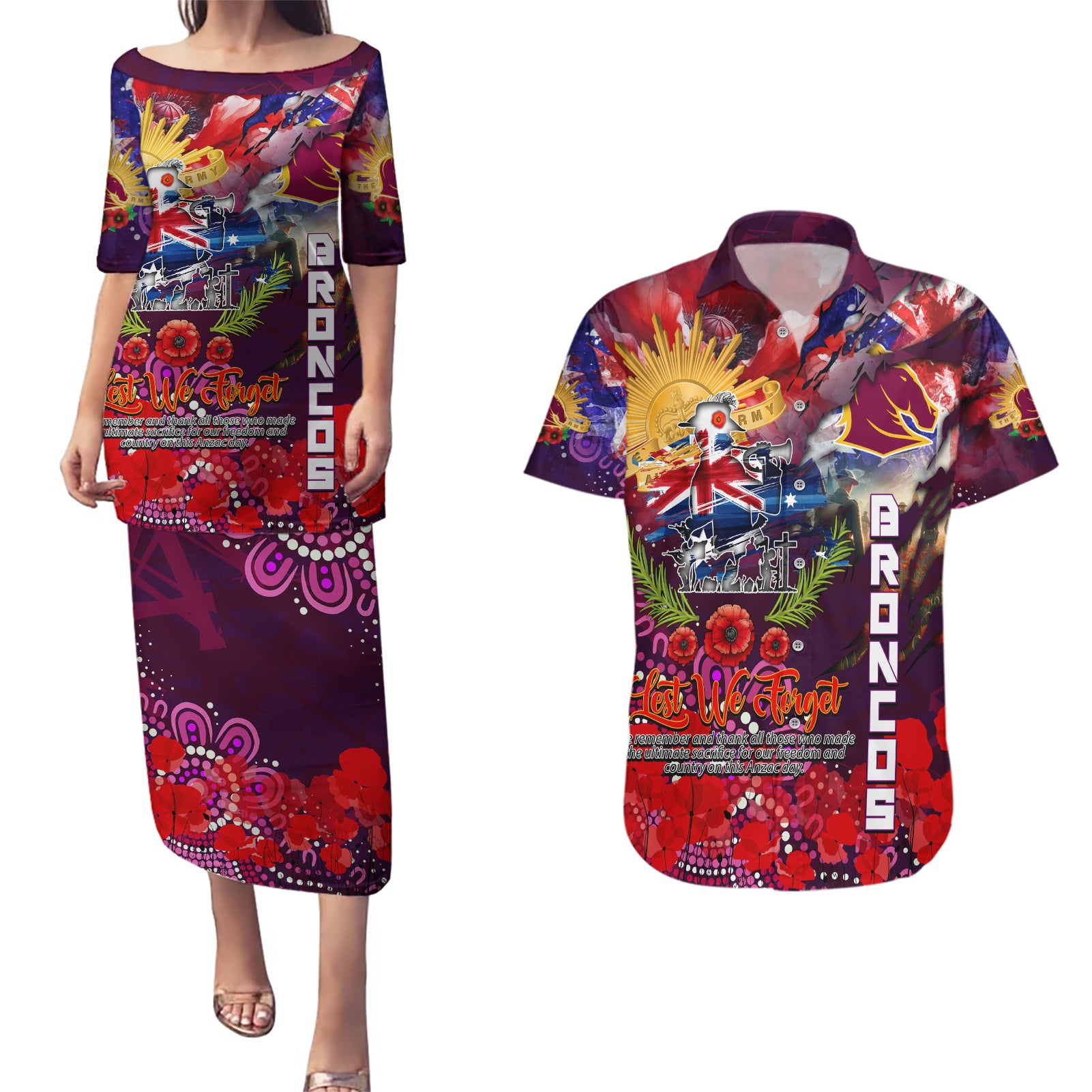 Personalised Australia Rugby Broncos ANZAC Couples Matching Puletasi and Hawaiian Shirt Brisbane Scratch Style