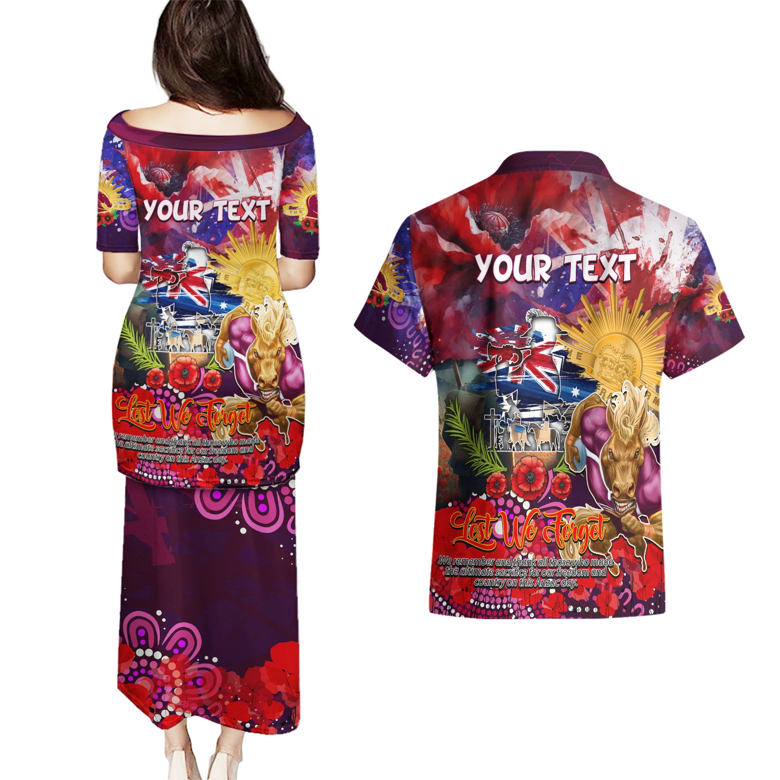 Personalised Australia Rugby Broncos ANZAC Couples Matching Puletasi and Hawaiian Shirt Brisbane Scratch Style