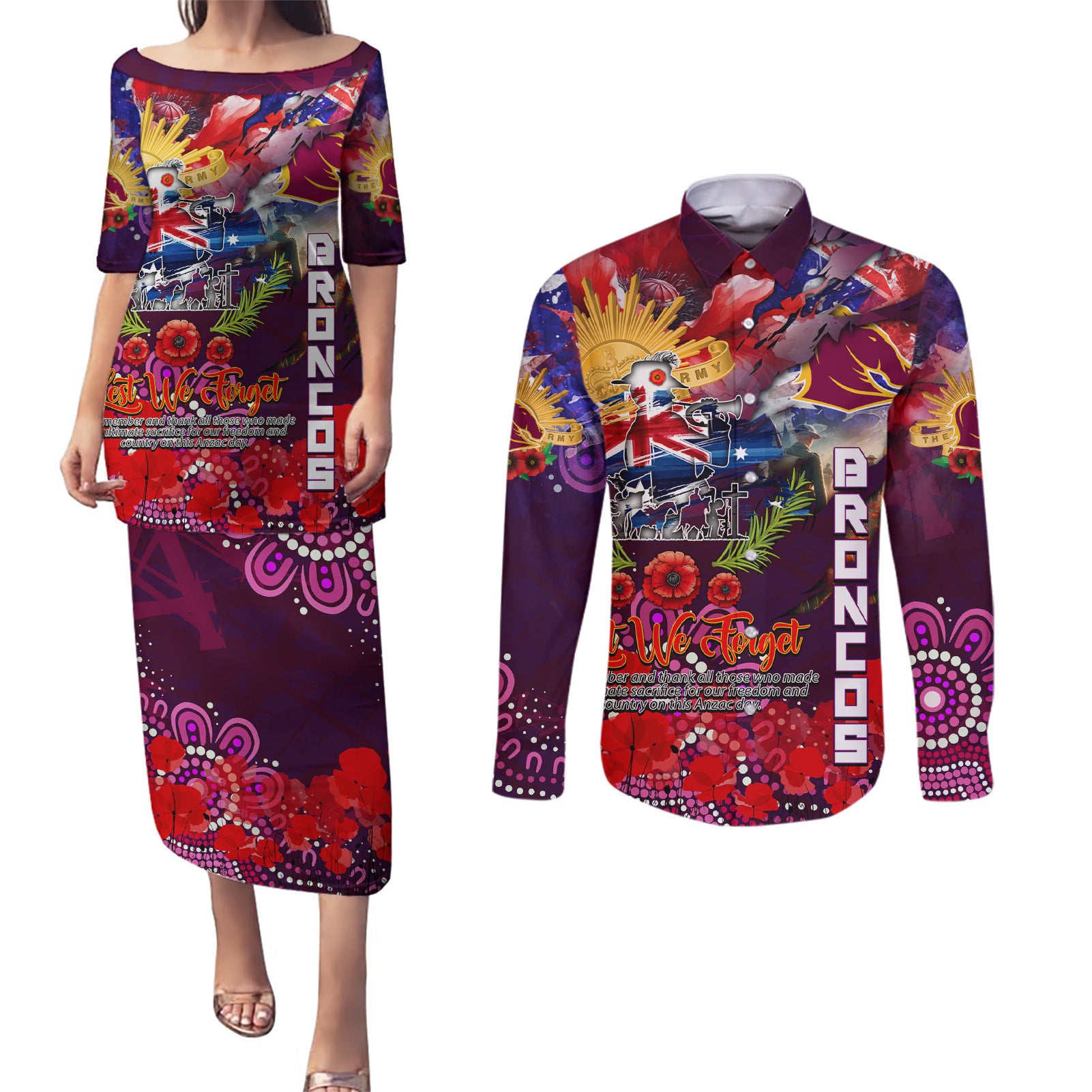 Personalised Australia Rugby Broncos ANZAC Couples Matching Puletasi and Long Sleeve Button Shirt Brisbane Scratch Style