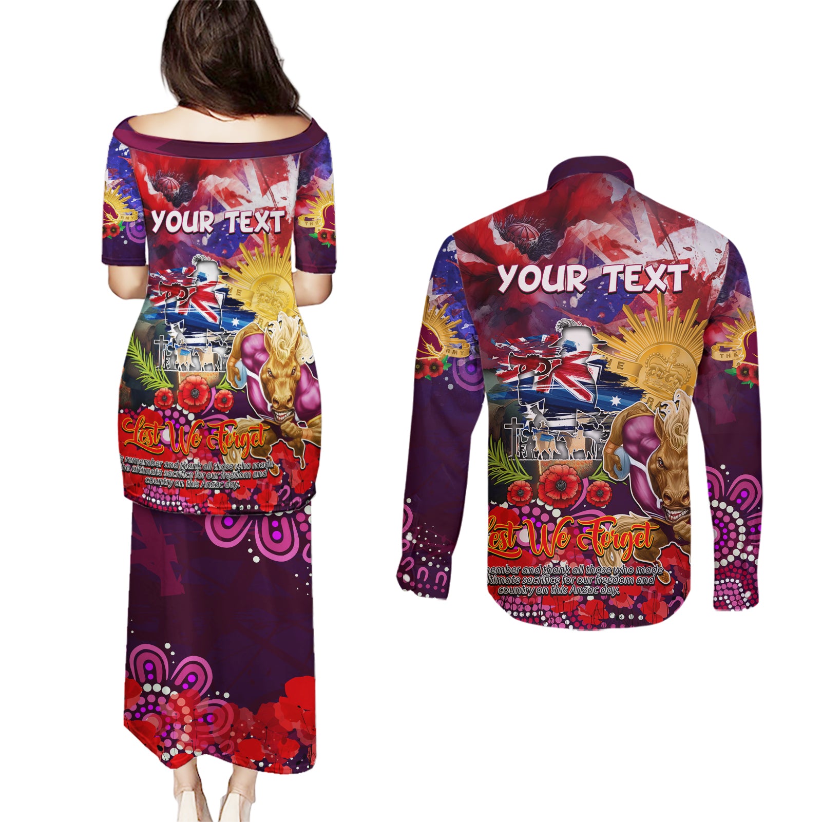 Personalised Australia Rugby Broncos ANZAC Couples Matching Puletasi and Long Sleeve Button Shirt Brisbane Scratch Style
