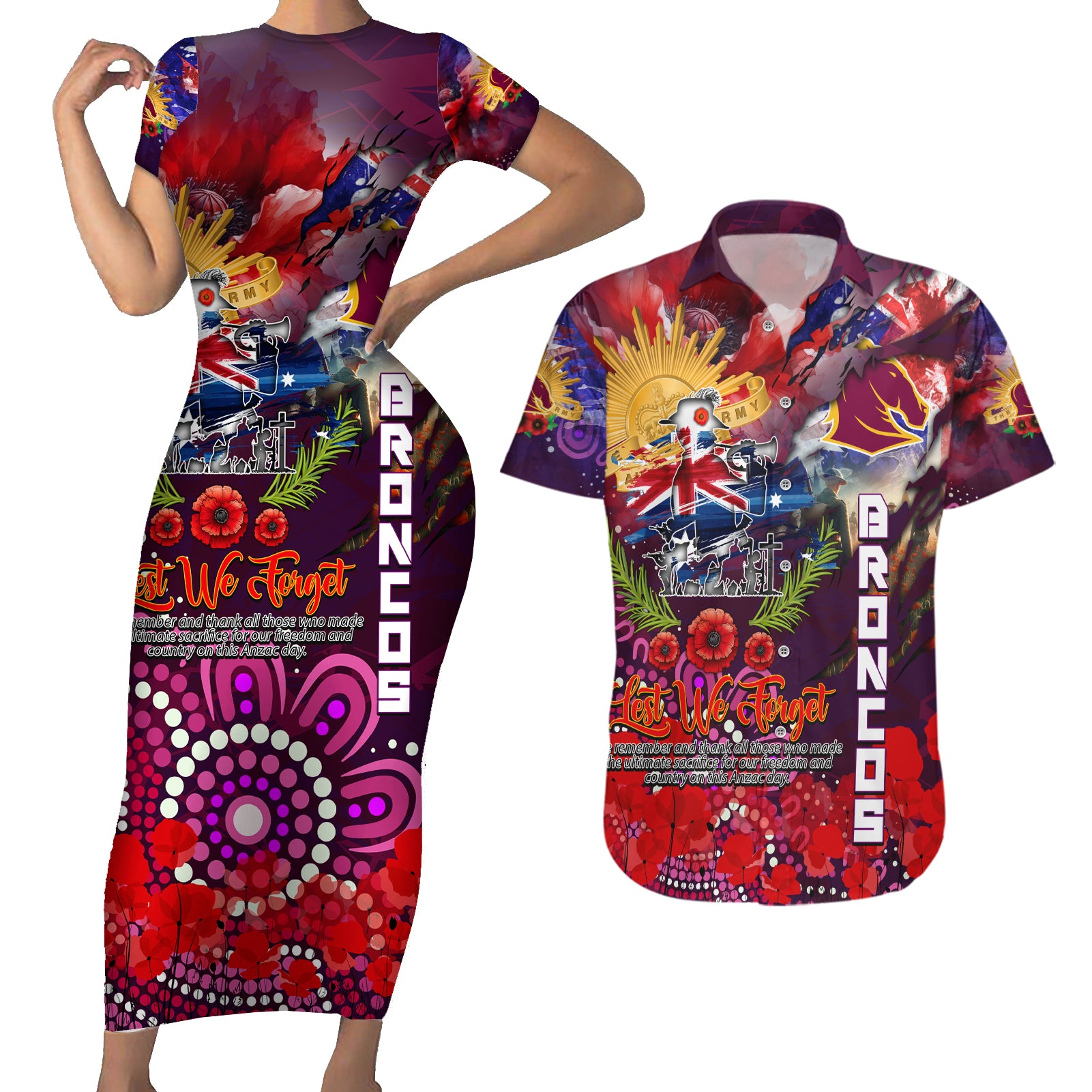 Personalised Australia Rugby Broncos ANZAC Couples Matching Short Sleeve Bodycon Dress and Hawaiian Shirt Brisbane Scratch Style