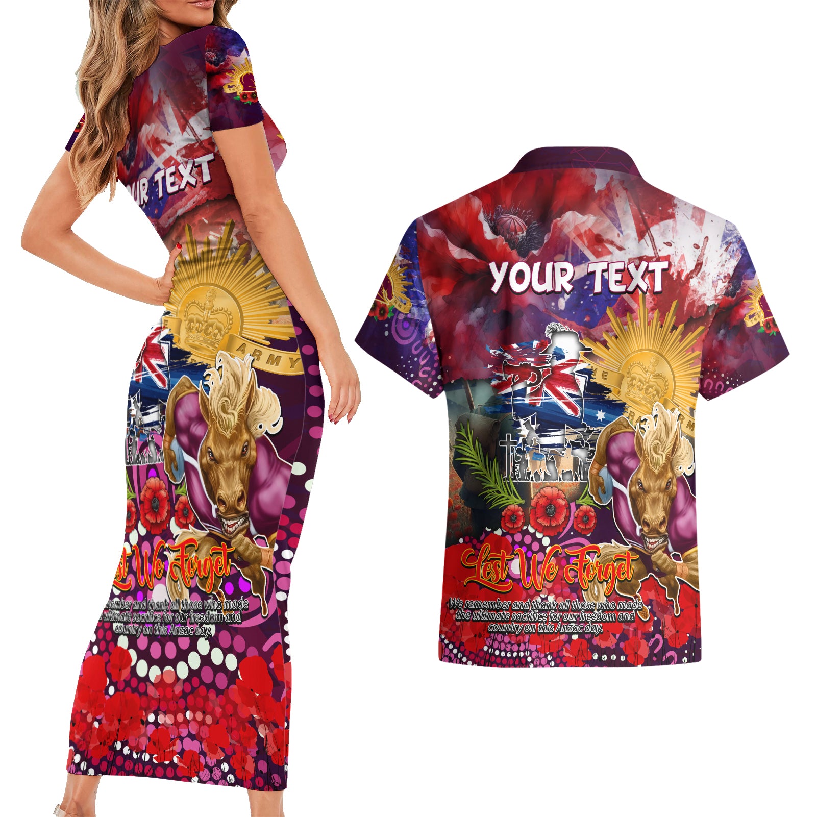 Personalised Australia Rugby Broncos ANZAC Couples Matching Short Sleeve Bodycon Dress and Hawaiian Shirt Brisbane Scratch Style