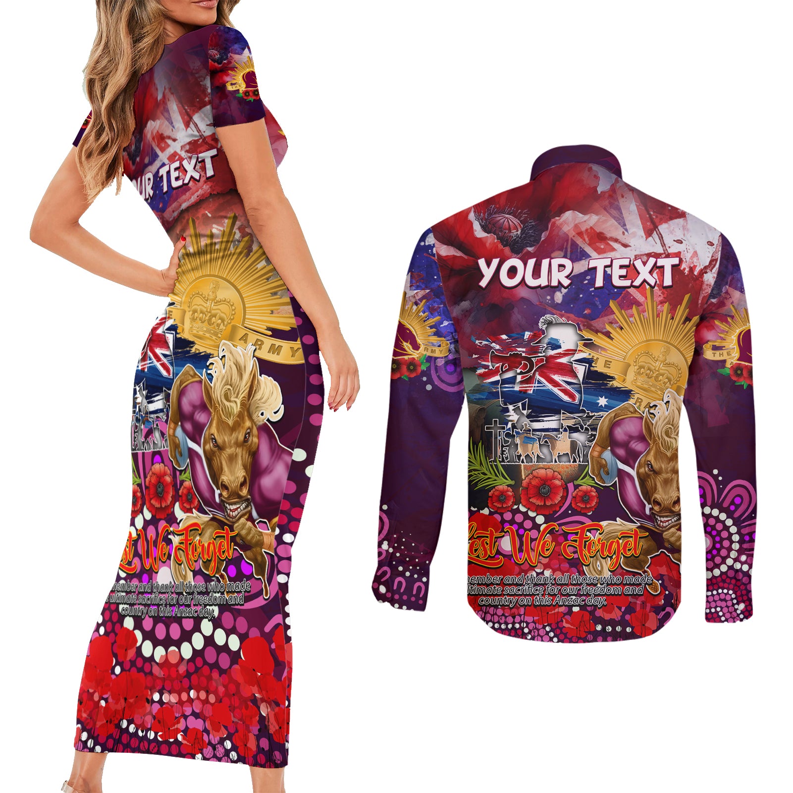 Personalised Australia Rugby Broncos ANZAC Couples Matching Short Sleeve Bodycon Dress and Long Sleeve Button Shirt Brisbane Scratch Style