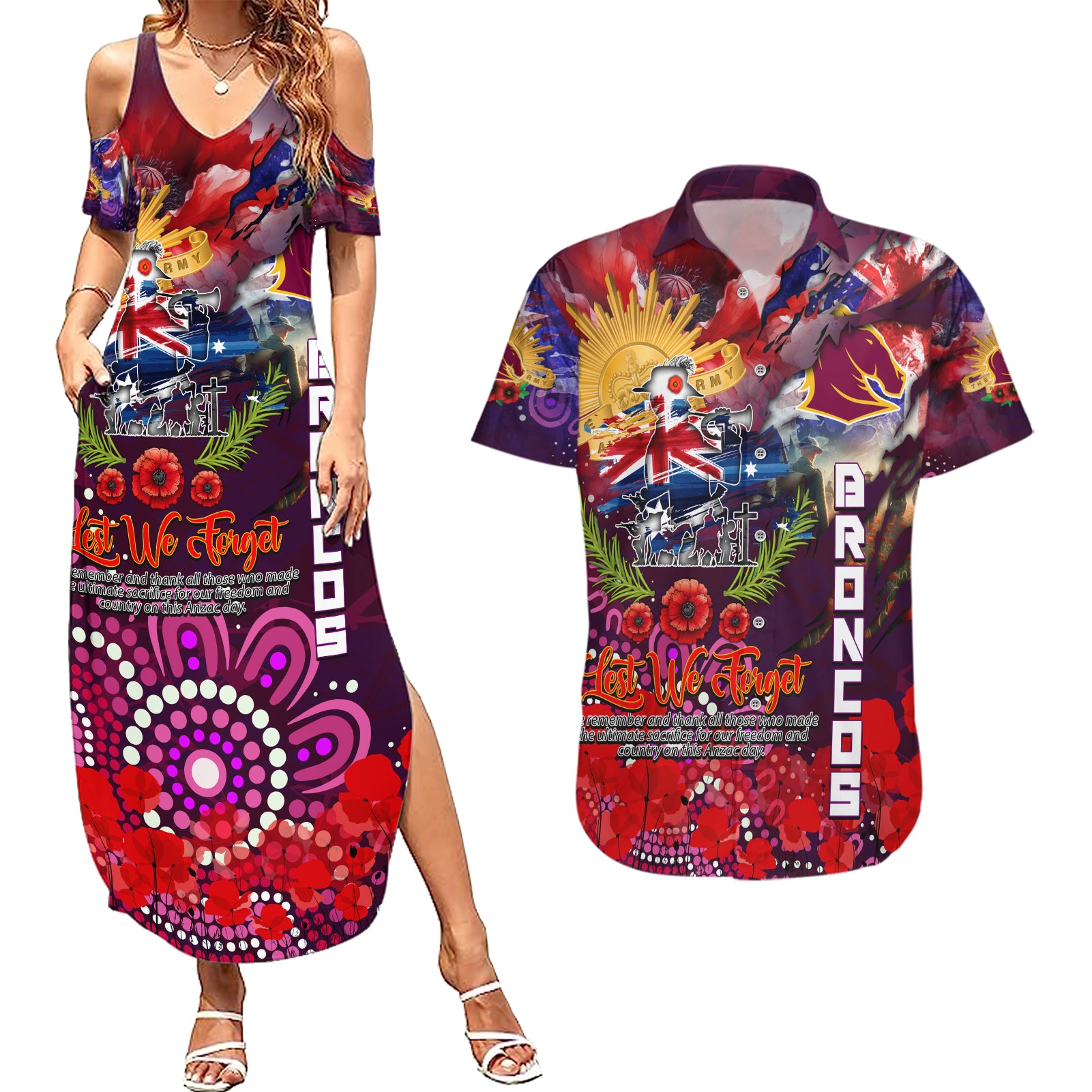 Personalised Australia Rugby Broncos ANZAC Couples Matching Summer Maxi Dress and Hawaiian Shirt Brisbane Scratch Style