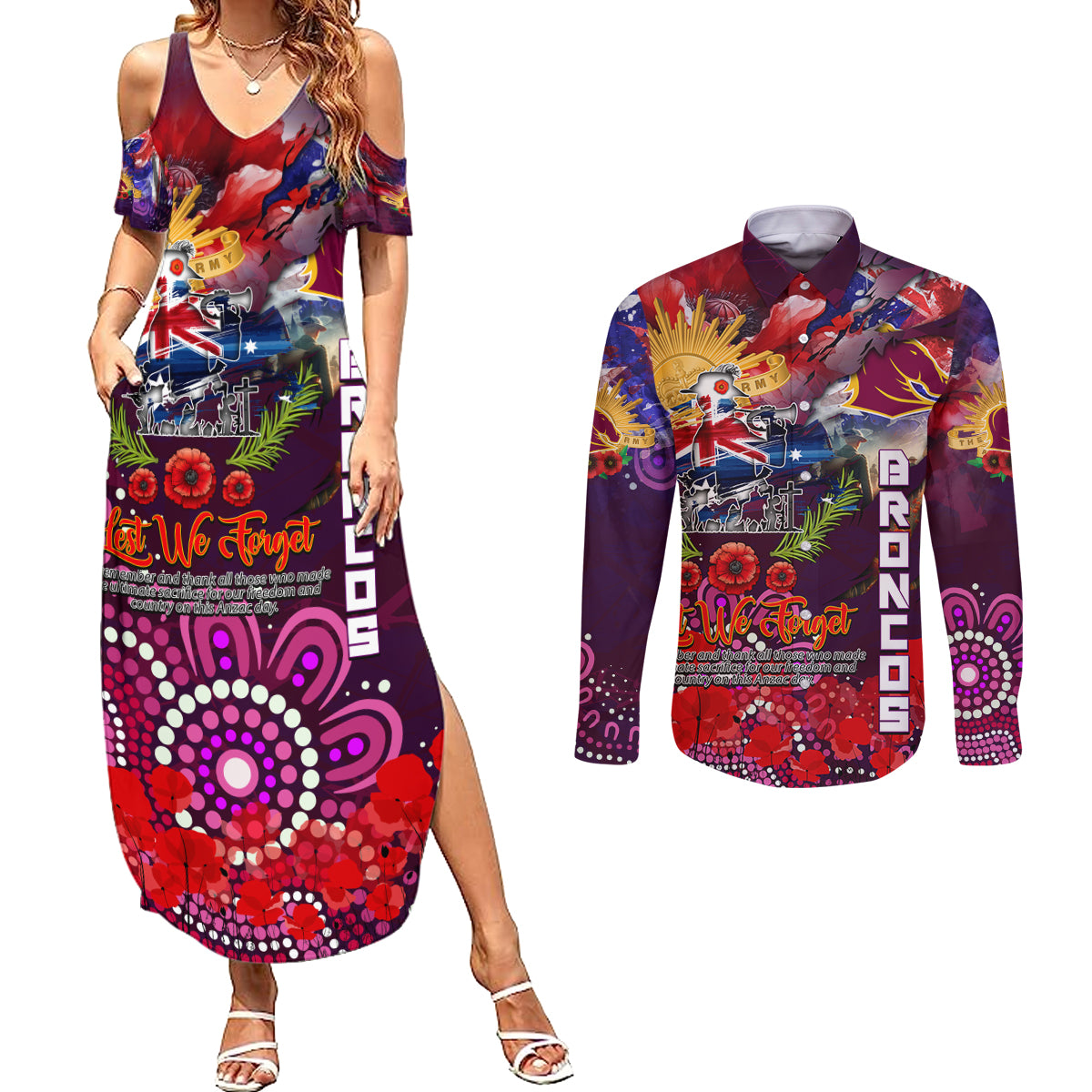 Personalised Australia Rugby Broncos ANZAC Couples Matching Summer Maxi Dress and Long Sleeve Button Shirt Brisbane Scratch Style