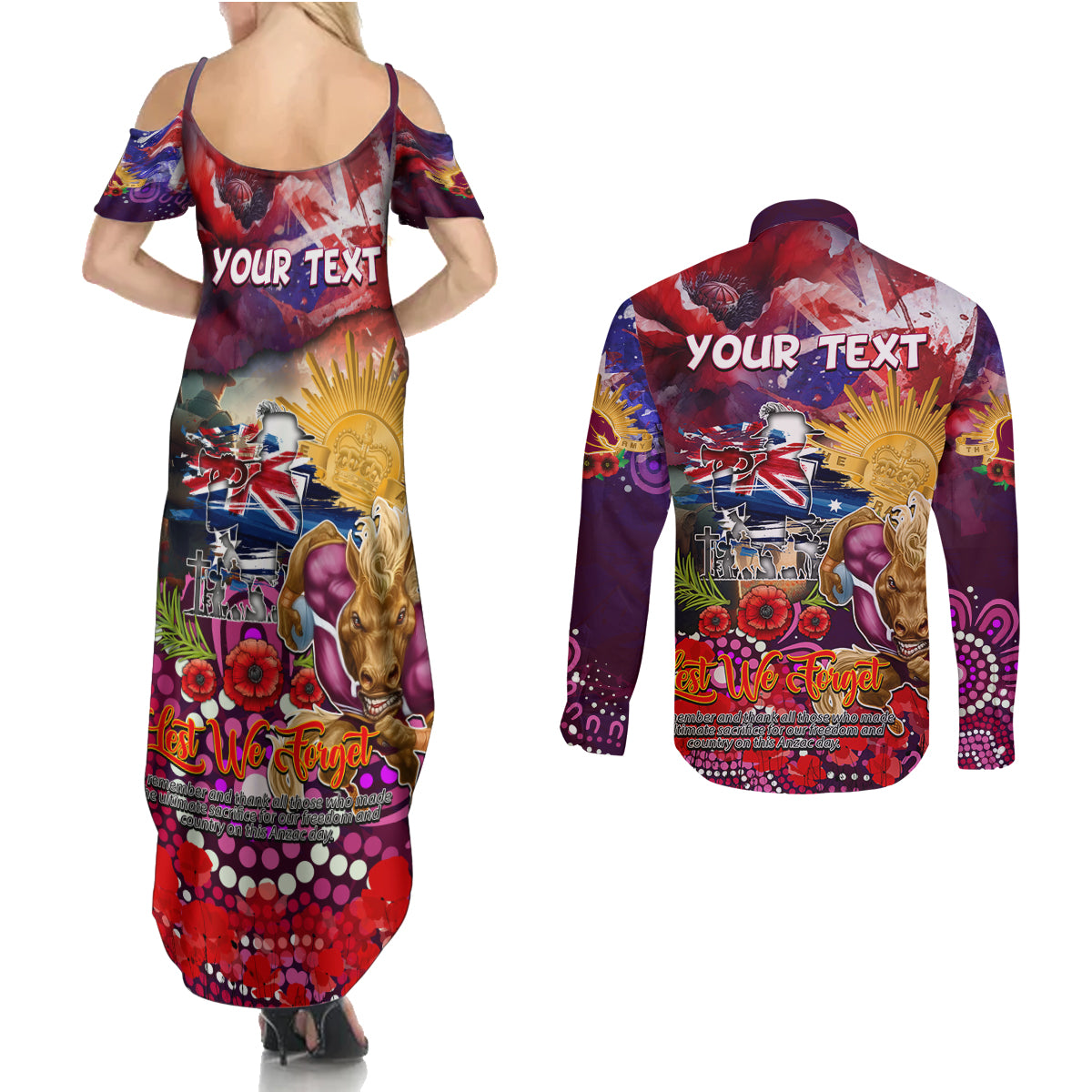 Personalised Australia Rugby Broncos ANZAC Couples Matching Summer Maxi Dress and Long Sleeve Button Shirt Brisbane Scratch Style