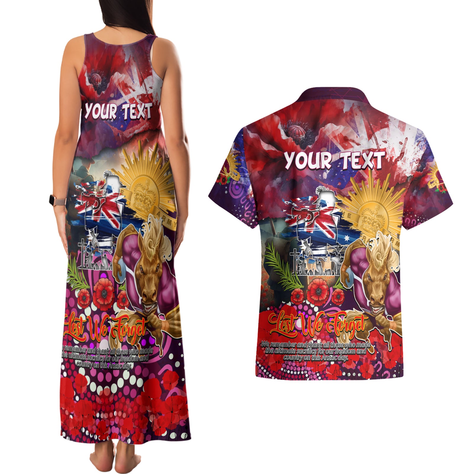 Personalised Australia Rugby Broncos ANZAC Couples Matching Tank Maxi Dress and Hawaiian Shirt Brisbane Scratch Style