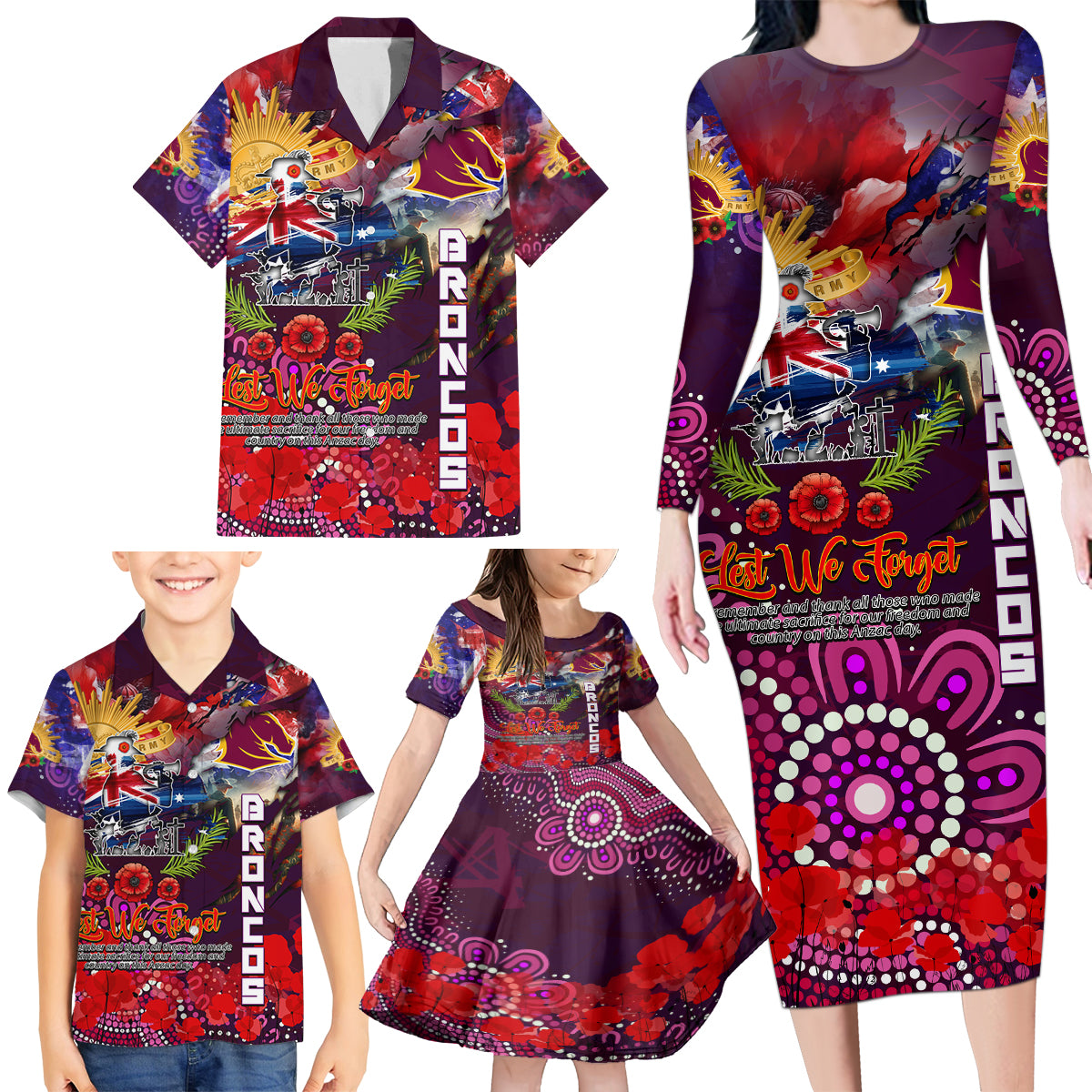 Personalised Australia Rugby Broncos ANZAC Family Matching Long Sleeve Bodycon Dress and Hawaiian Shirt Brisbane Scratch Style