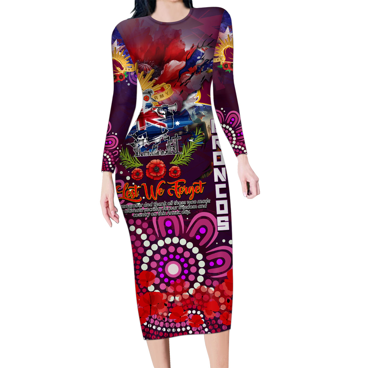 Personalised Australia Rugby Broncos ANZAC Family Matching Long Sleeve Bodycon Dress and Hawaiian Shirt Brisbane Scratch Style
