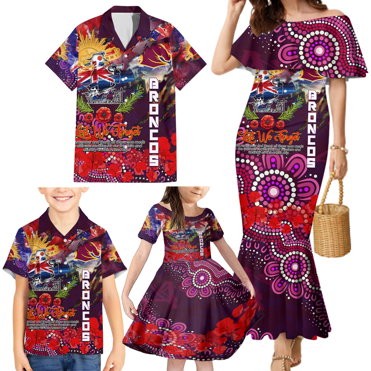 Personalised Australia Rugby Broncos ANZAC Family Matching Mermaid Dress and Hawaiian Shirt Brisbane Scratch Style