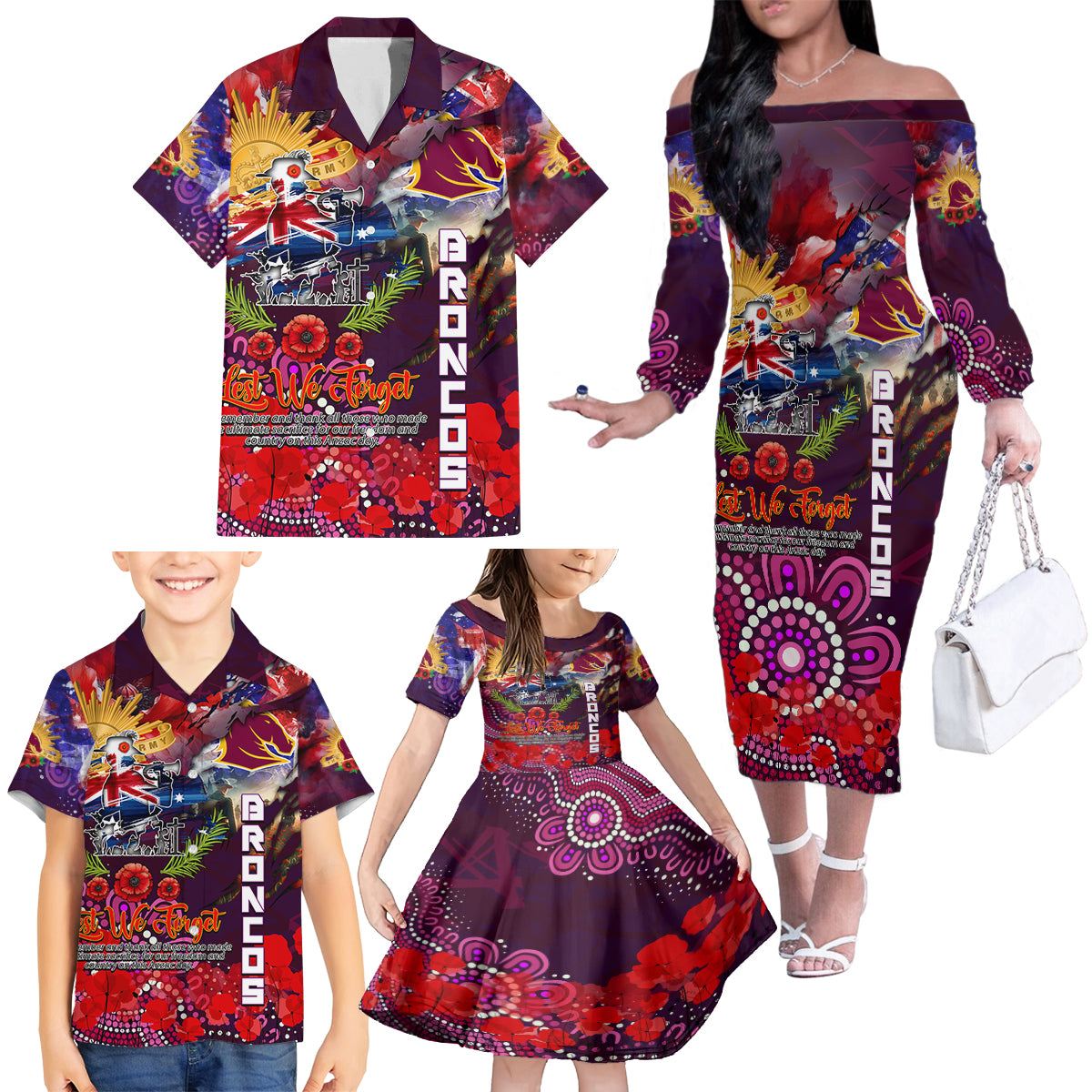 Personalised Australia Rugby Broncos ANZAC Family Matching Off The Shoulder Long Sleeve Dress and Hawaiian Shirt Brisbane Scratch Style