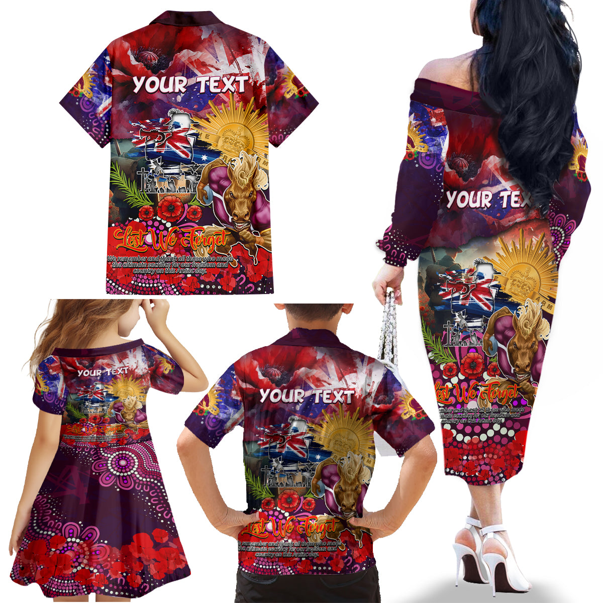 Personalised Australia Rugby Broncos ANZAC Family Matching Off The Shoulder Long Sleeve Dress and Hawaiian Shirt Brisbane Scratch Style