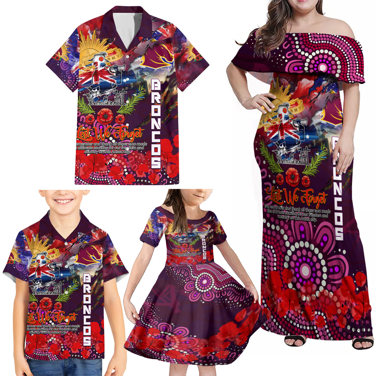 Personalised Australia Rugby Broncos ANZAC Family Matching Off Shoulder Maxi Dress and Hawaiian Shirt Brisbane Scratch Style