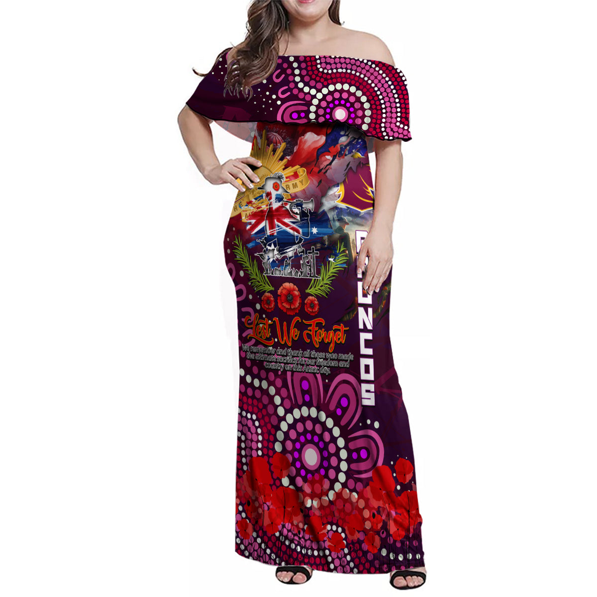 Personalised Australia Rugby Broncos ANZAC Family Matching Off Shoulder Maxi Dress and Hawaiian Shirt Brisbane Scratch Style
