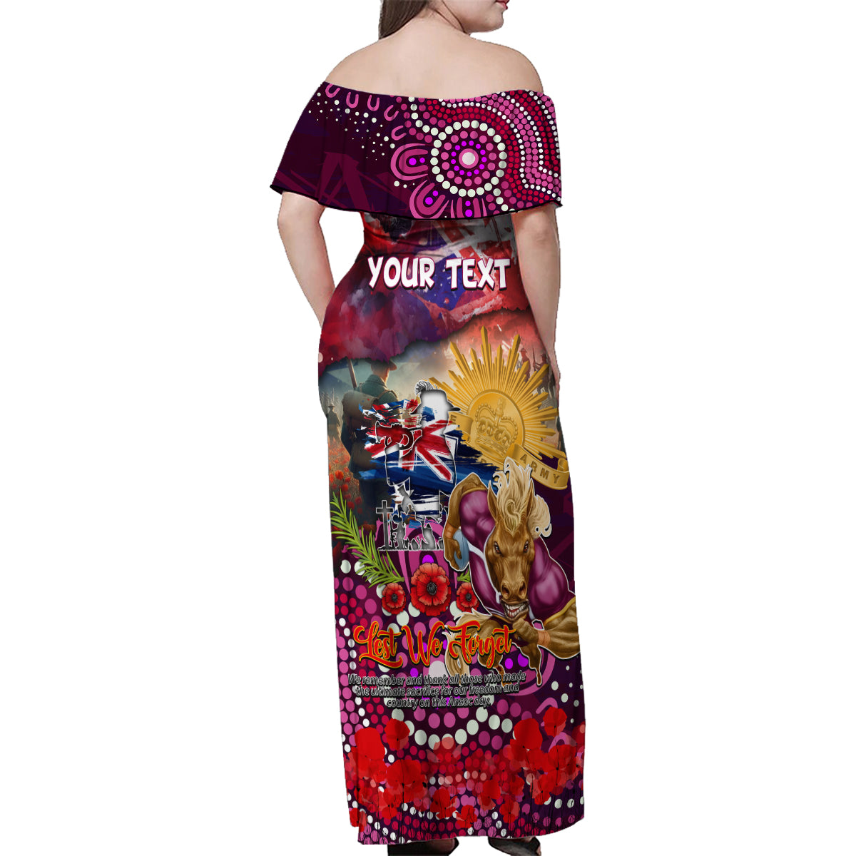Personalised Australia Rugby Broncos ANZAC Family Matching Off Shoulder Maxi Dress and Hawaiian Shirt Brisbane Scratch Style