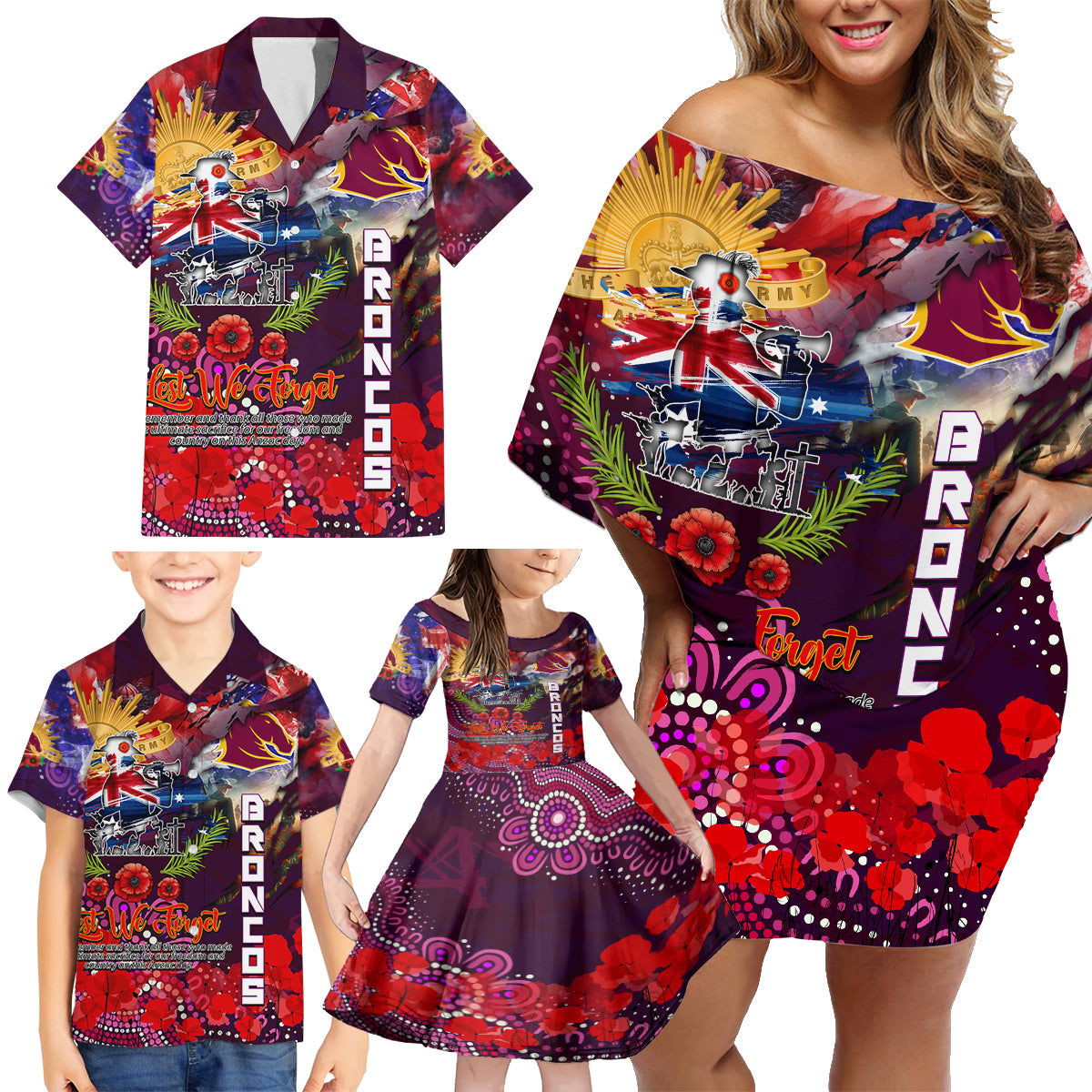 Personalised Australia Rugby Broncos ANZAC Family Matching Off Shoulder Short Dress and Hawaiian Shirt Brisbane Scratch Style