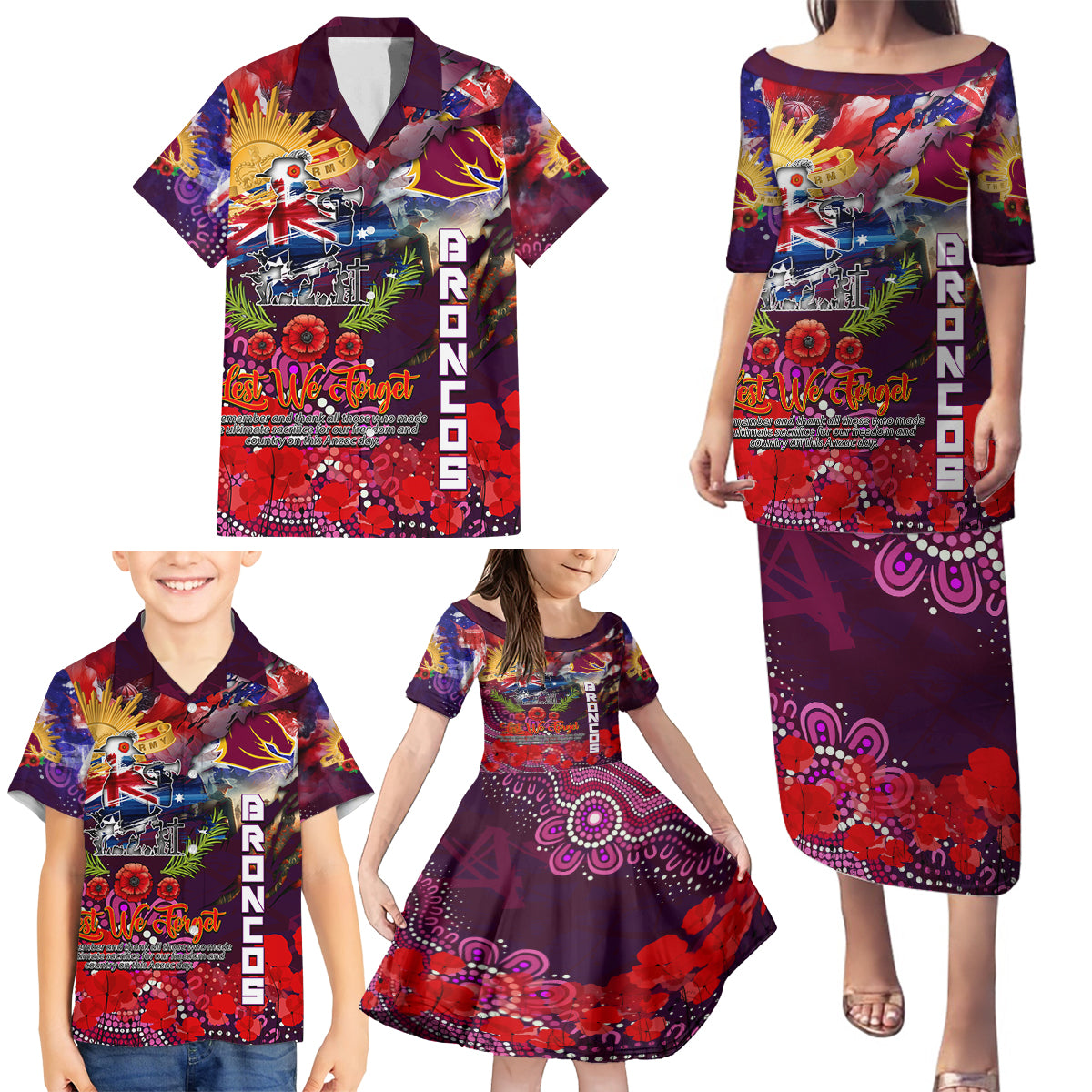 Personalised Australia Rugby Broncos ANZAC Family Matching Puletasi and Hawaiian Shirt Brisbane Scratch Style