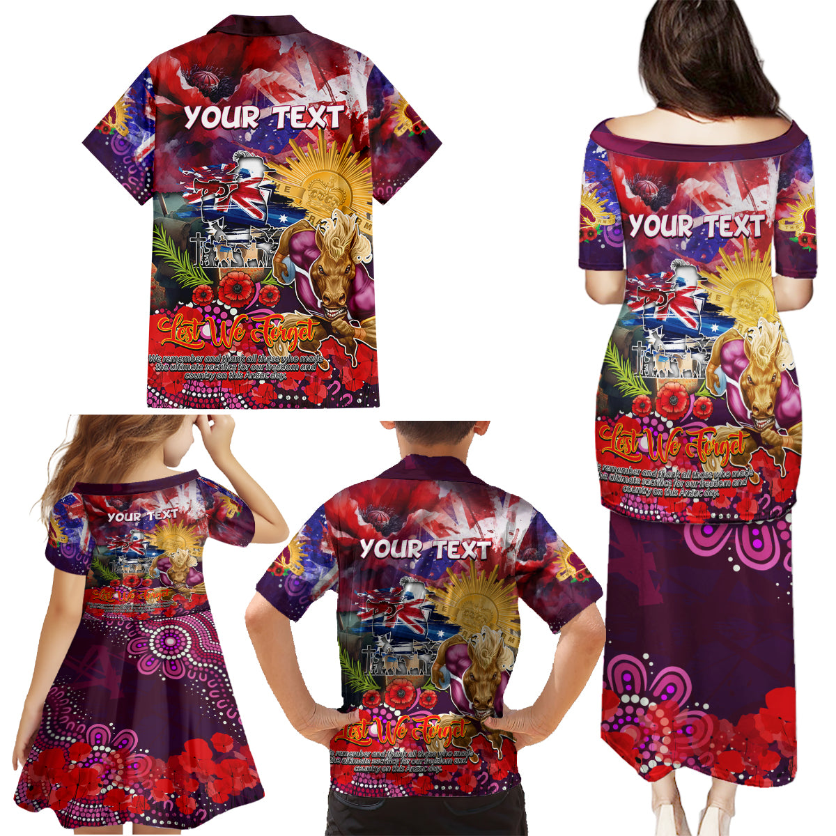 Personalised Australia Rugby Broncos ANZAC Family Matching Puletasi and Hawaiian Shirt Brisbane Scratch Style