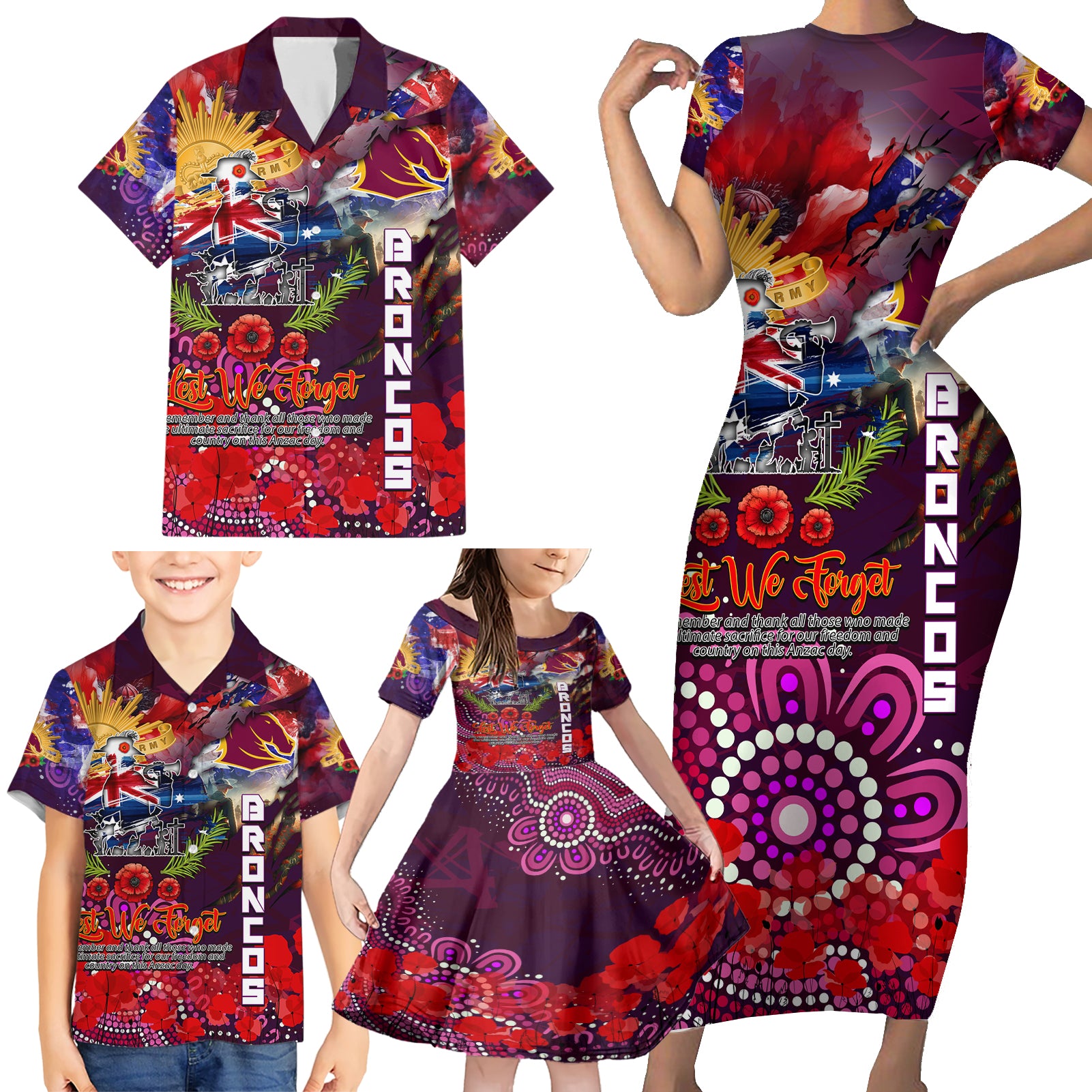 Personalised Australia Rugby Broncos ANZAC Family Matching Short Sleeve Bodycon Dress and Hawaiian Shirt Brisbane Scratch Style