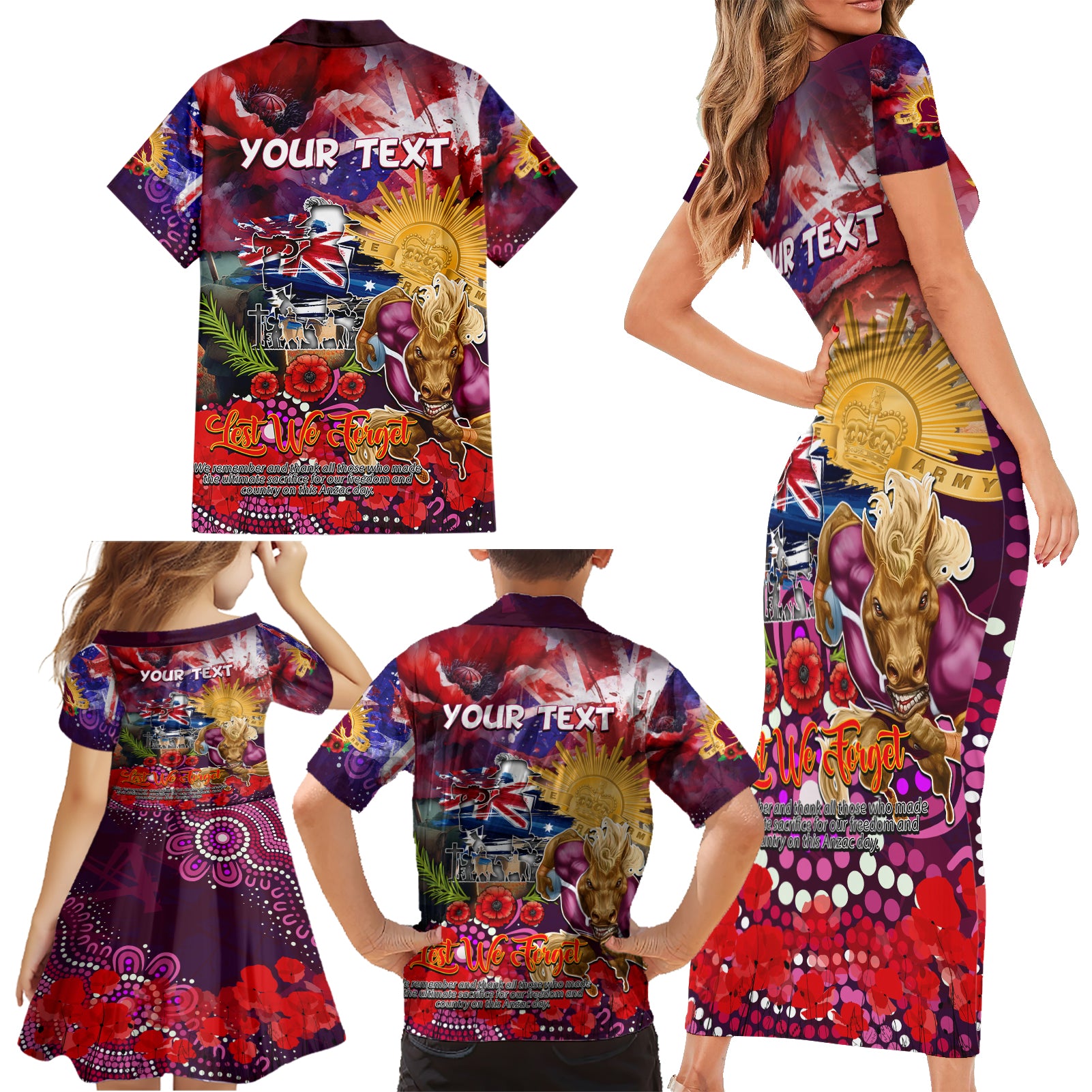 Personalised Australia Rugby Broncos ANZAC Family Matching Short Sleeve Bodycon Dress and Hawaiian Shirt Brisbane Scratch Style