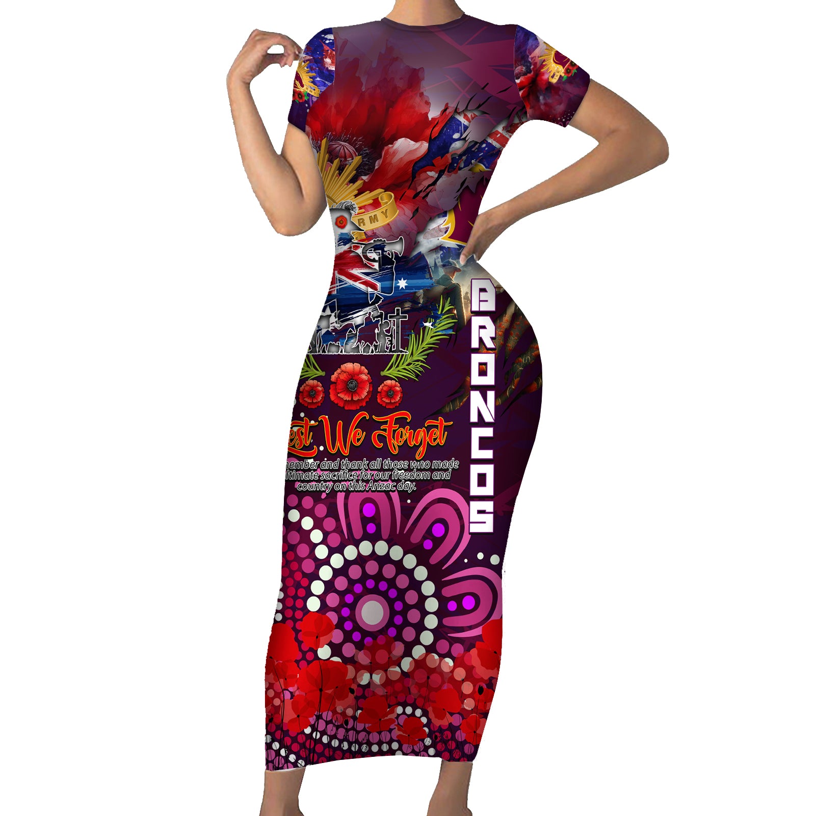 Personalised Australia Rugby Broncos ANZAC Family Matching Short Sleeve Bodycon Dress and Hawaiian Shirt Brisbane Scratch Style