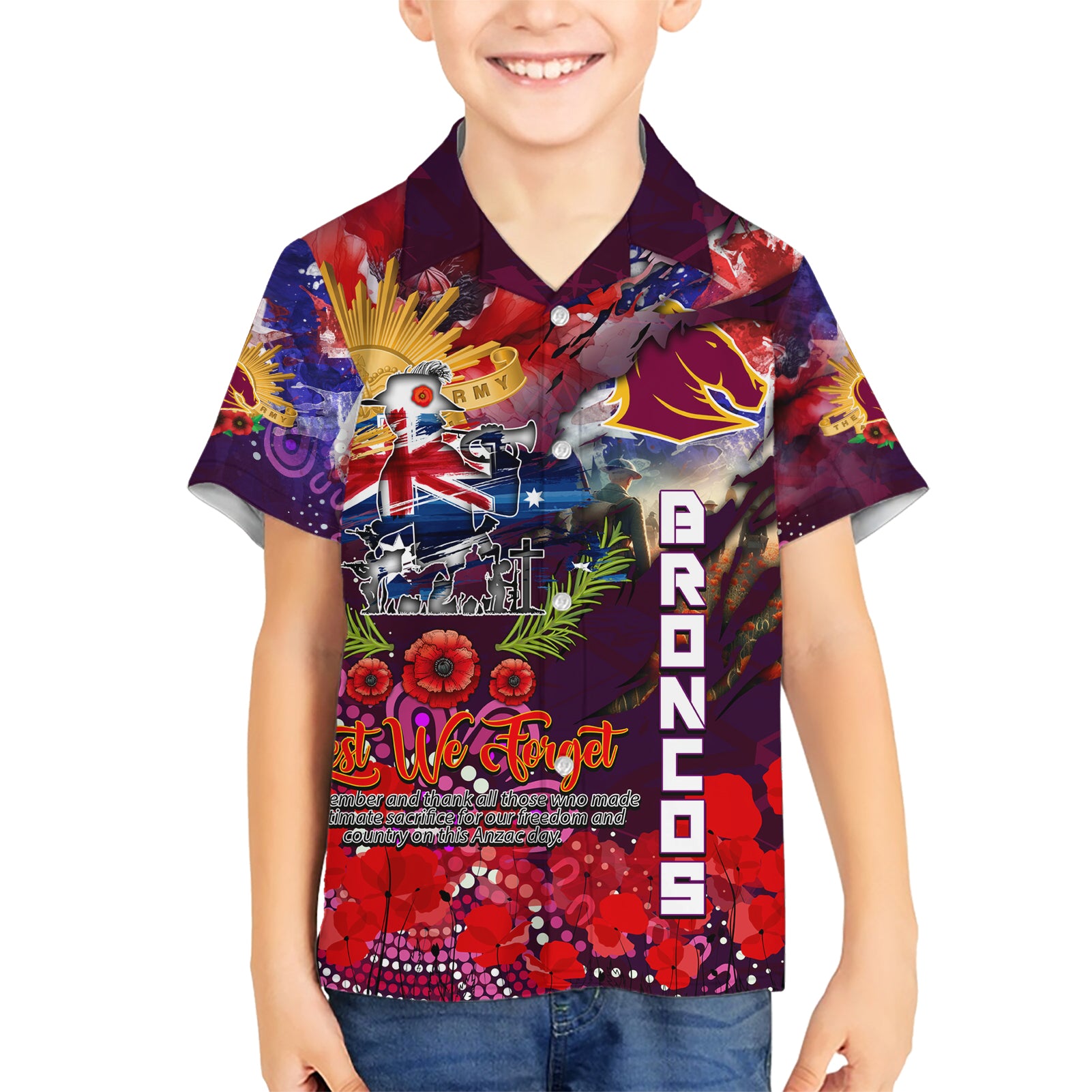 Personalised Australia Rugby Broncos ANZAC Family Matching Short Sleeve Bodycon Dress and Hawaiian Shirt Brisbane Scratch Style