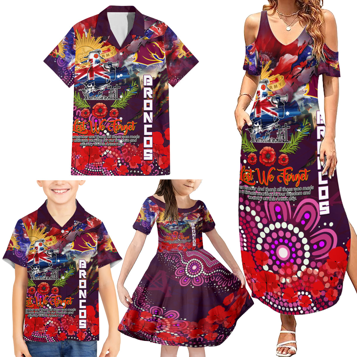 Personalised Australia Rugby Broncos ANZAC Family Matching Summer Maxi Dress and Hawaiian Shirt Brisbane Scratch Style